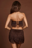 Fringed Mid Rise Mini Skirt in Chocolate Brown