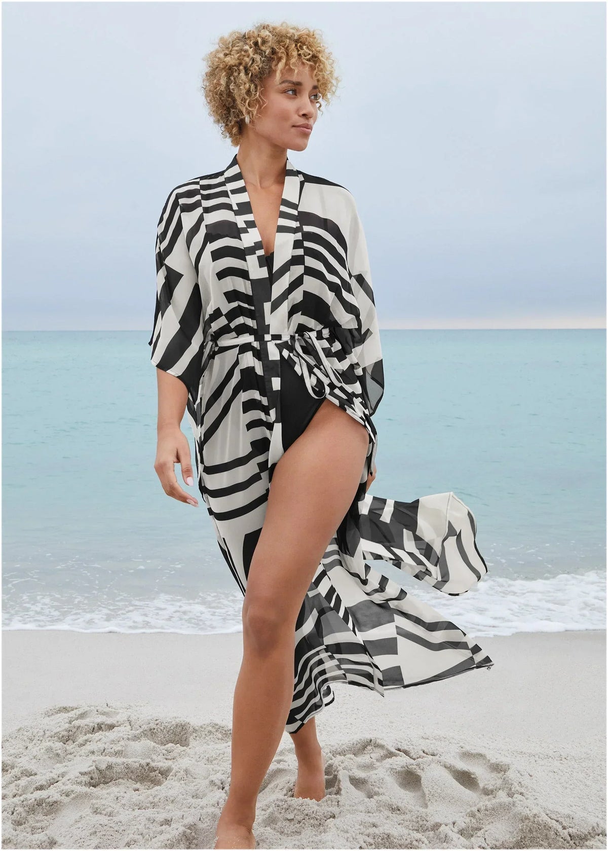 Front Tie Kimono Cover Up Modern Abstract