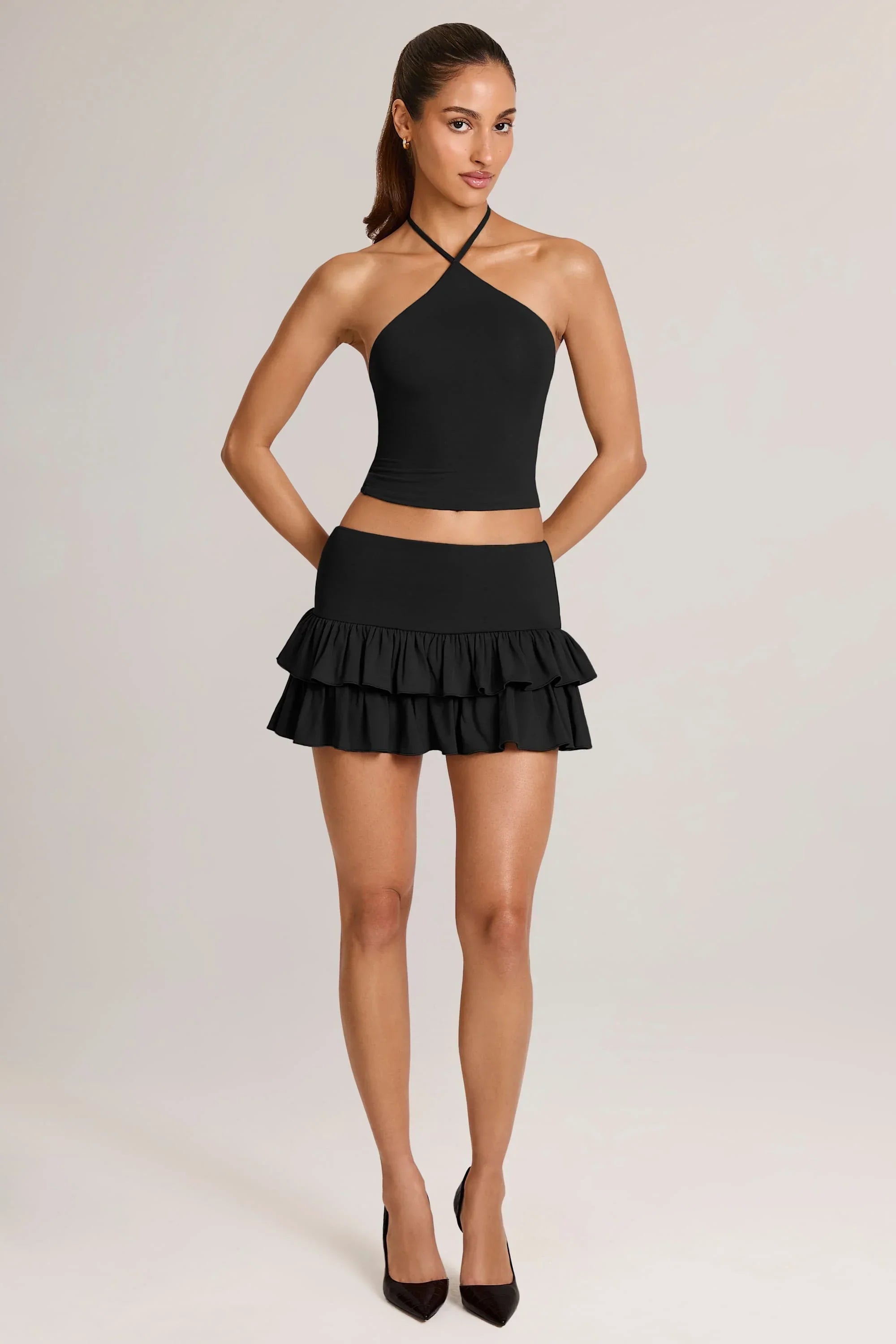 Modal Ruffle Mid Rise Mini Skort in Black