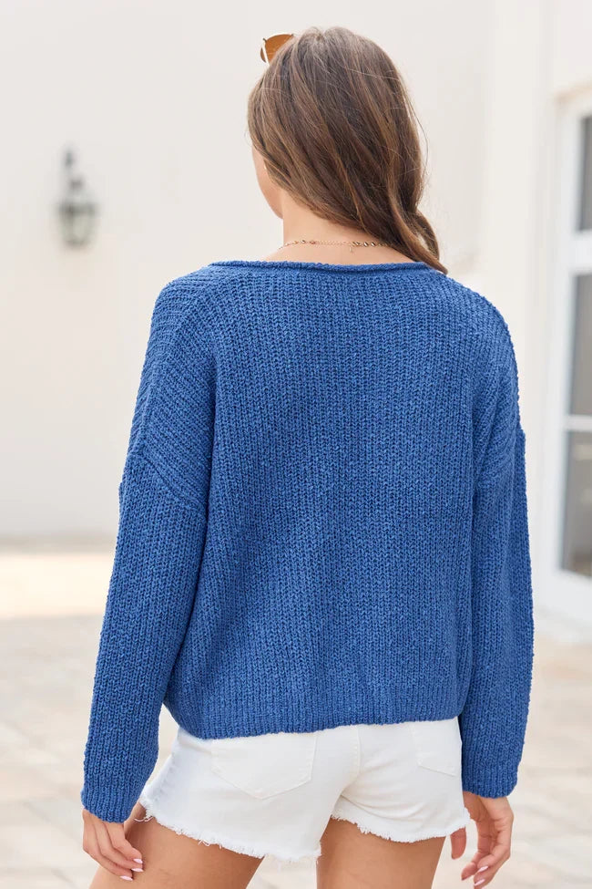 Mckenzie Blue Open Knit V Neck Sweater