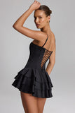 Ruffled Lace Up Corset Playsuit in Black
