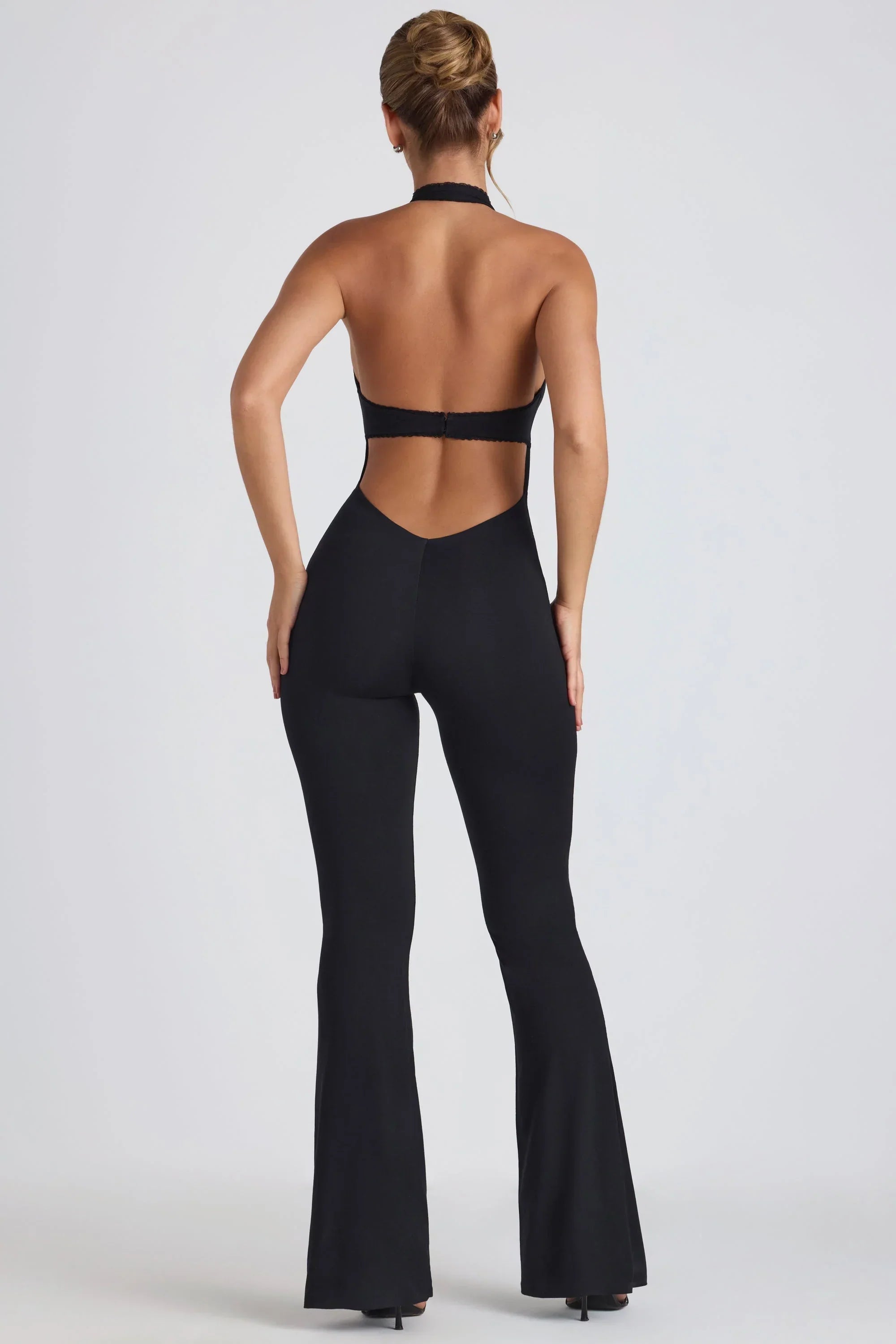 Modal Lace Trim Cut Out Flared Jumpsuit in Black