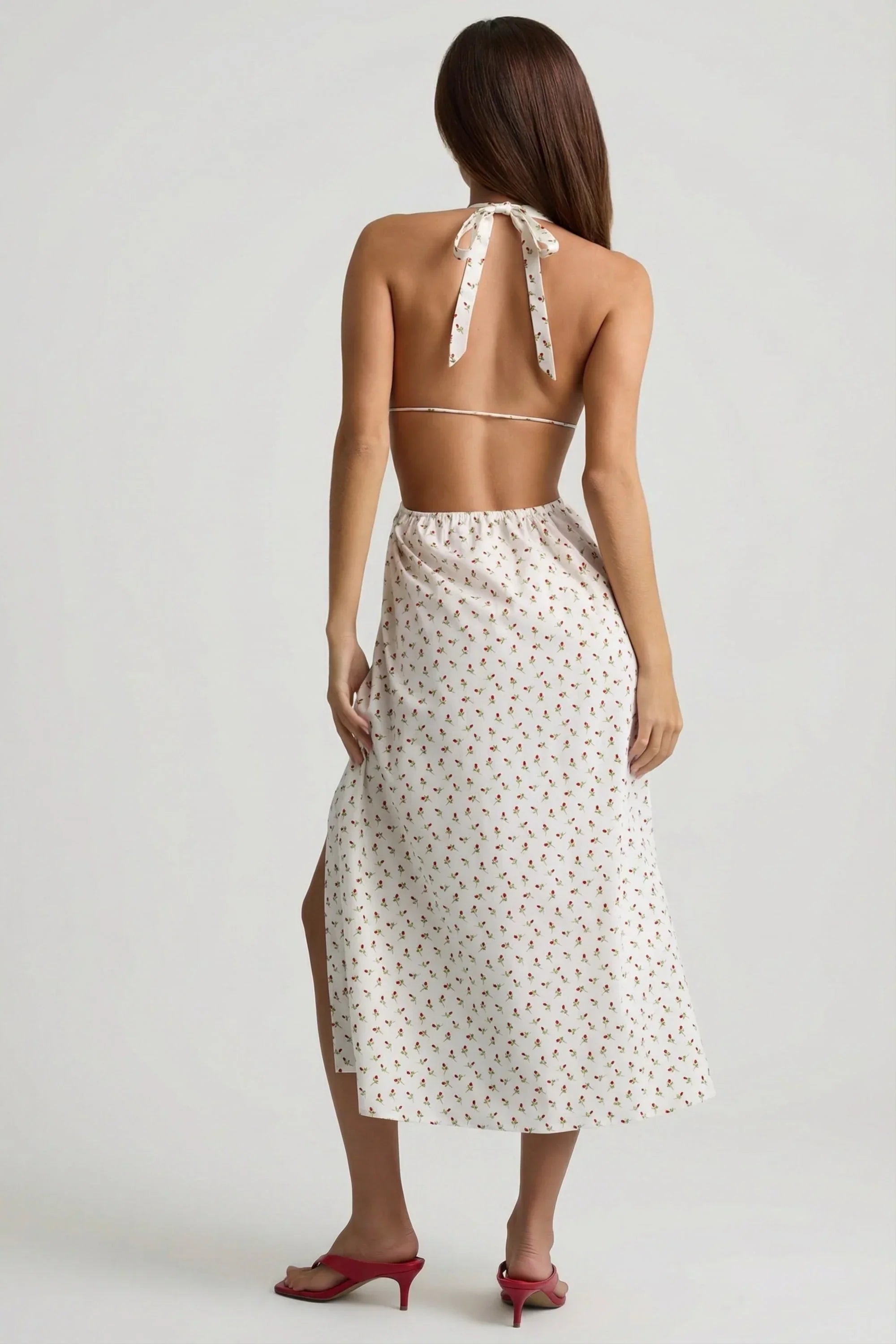 Backless Cotton Poplin Midaxi Dress in Rose Print