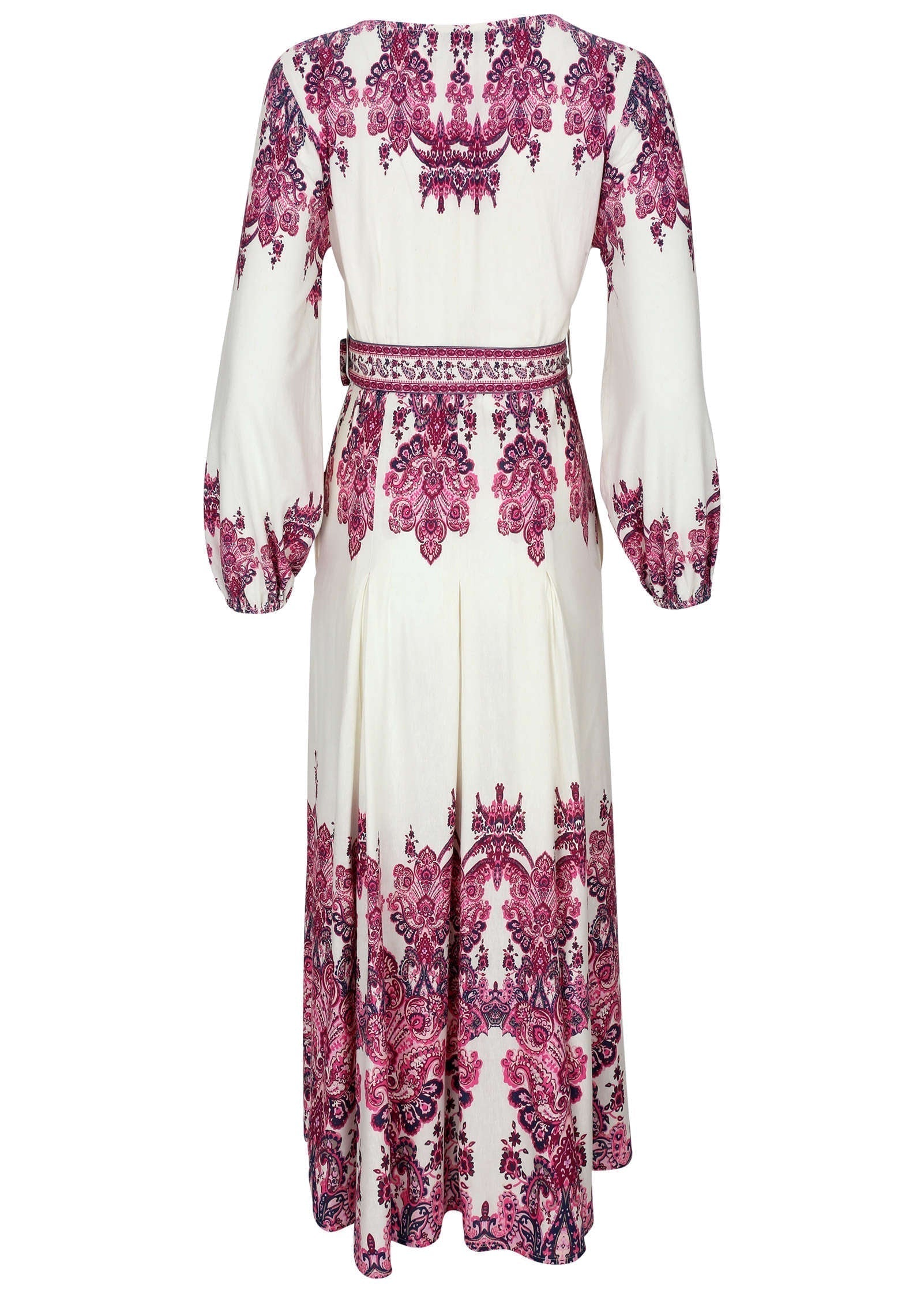 Tie Waist Linen Maxi Dress Pink Boho Paisley Border