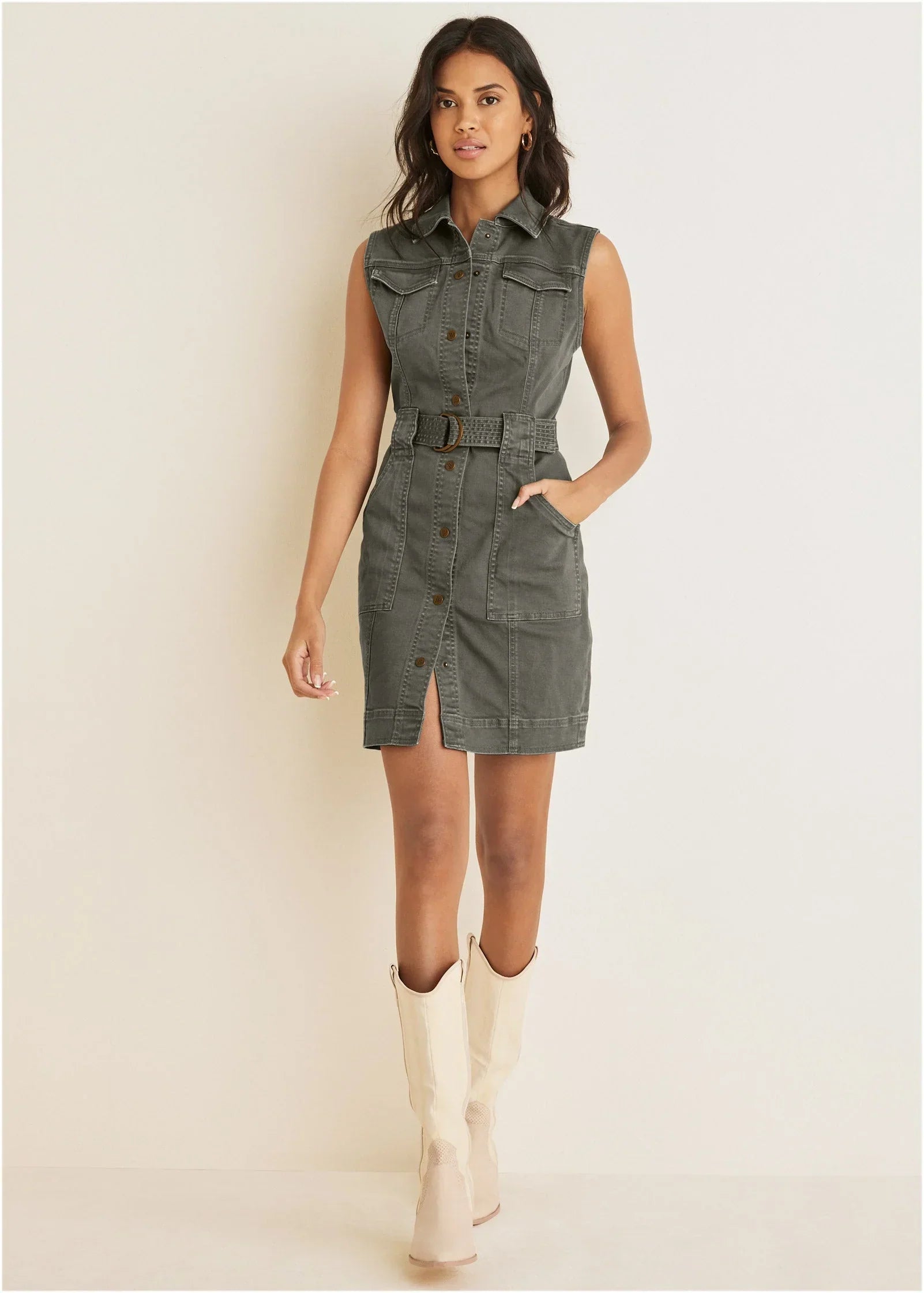 Colored Twill Utility Dress Olive