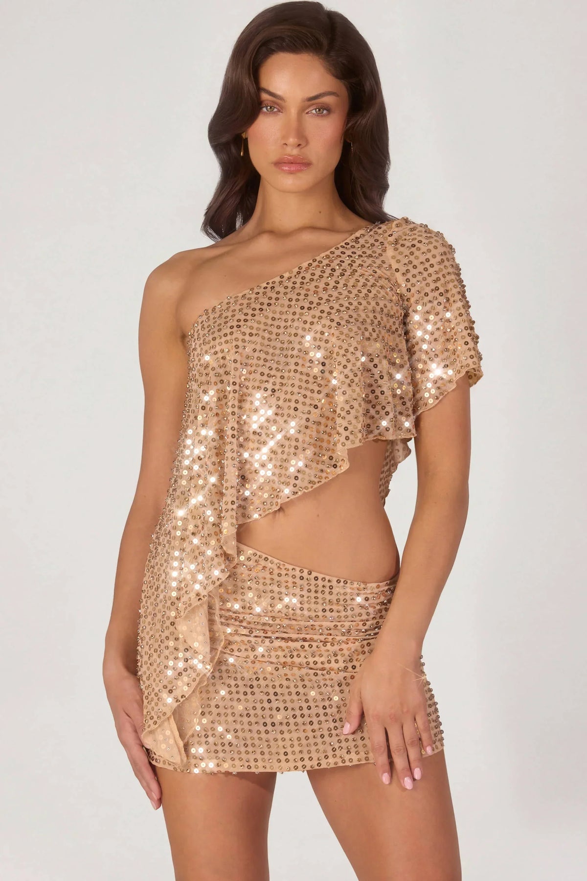 Embellished One Shoulder Asymmetric Top in Gold