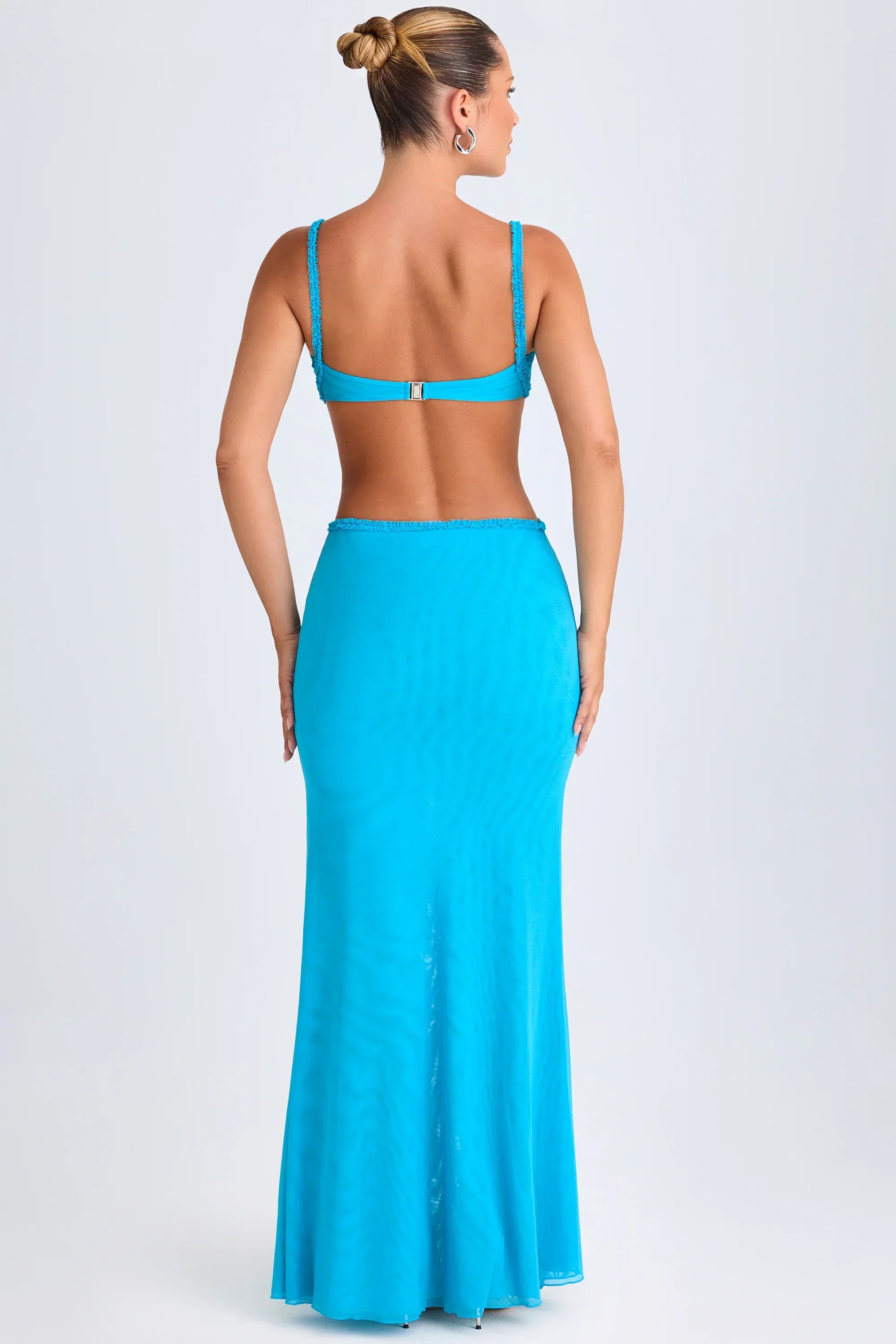 Ruffle Appliqué Cut Out Maxi Dress in Aqua Blue