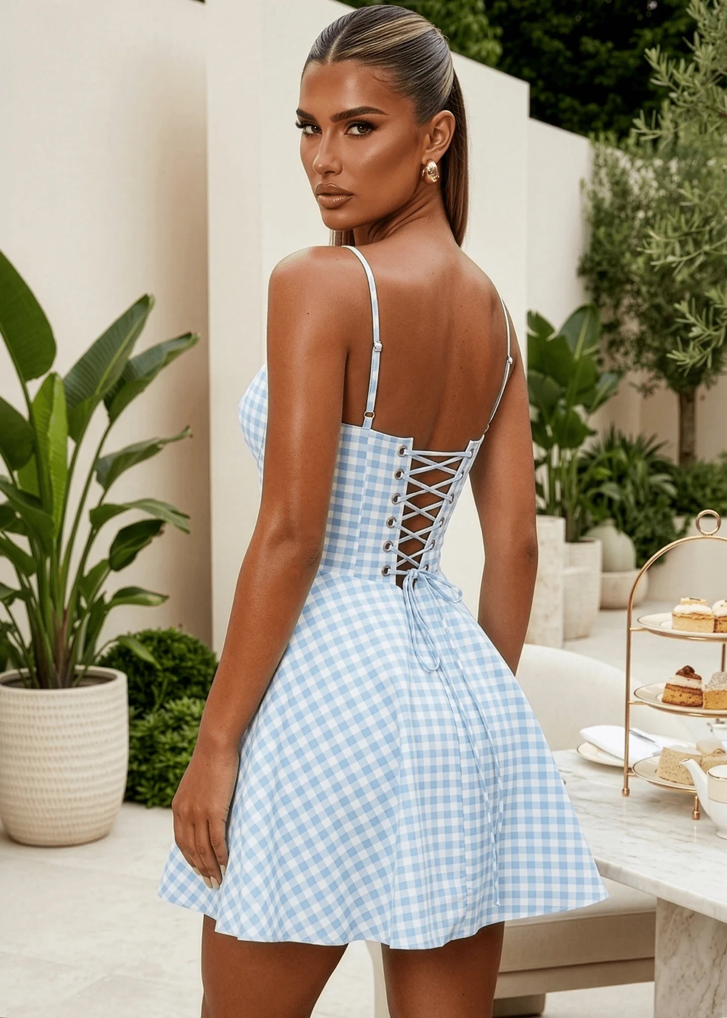 Meadow Muse Corset Gingham Mini Dress Blue