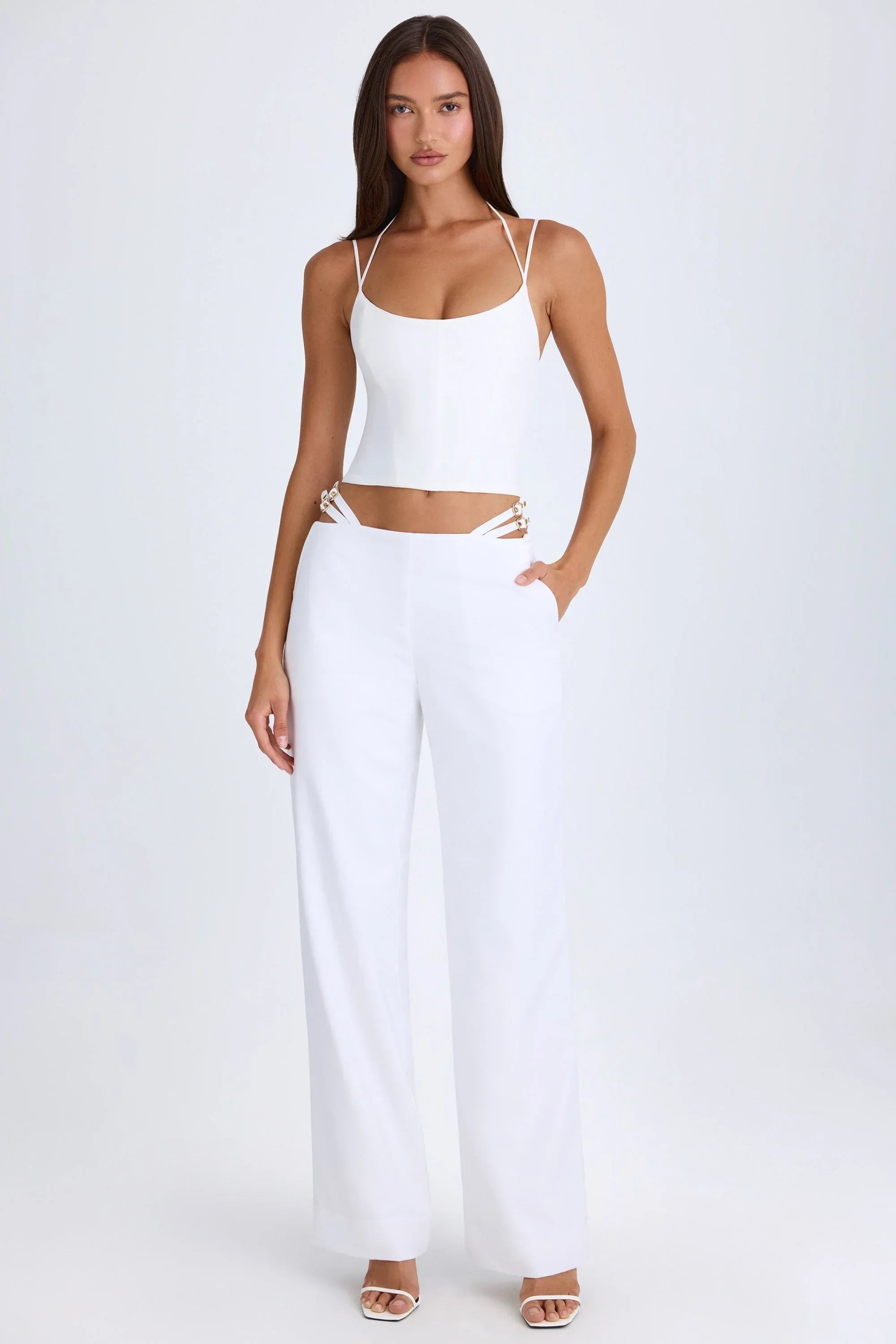Belted Cut Out Wide Leg Trousers in White