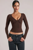 V Neck Long Sleeve Top in Chocolate Brown
