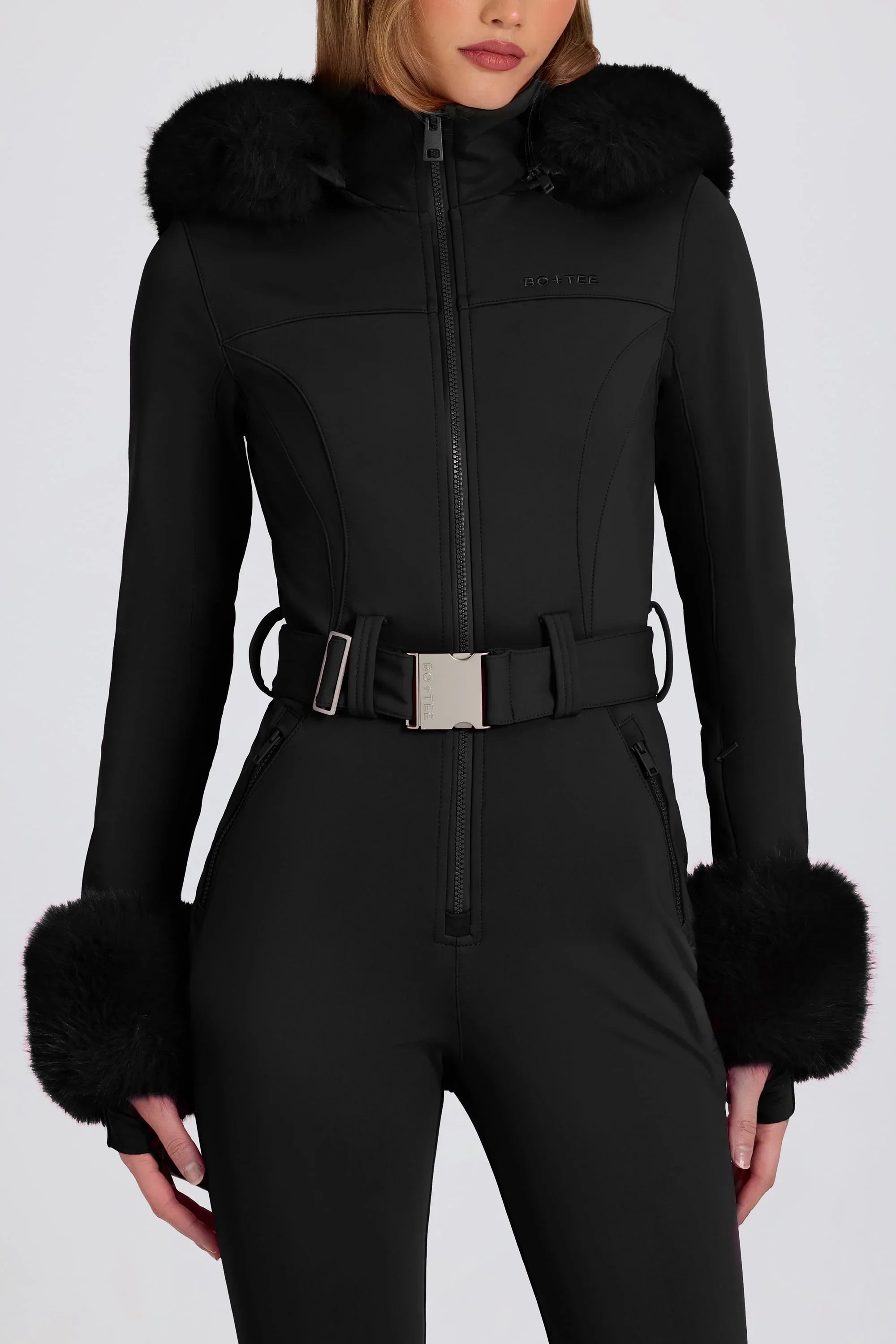 Waterproof Faux Fur Hood Fitted Ski Suit in Black