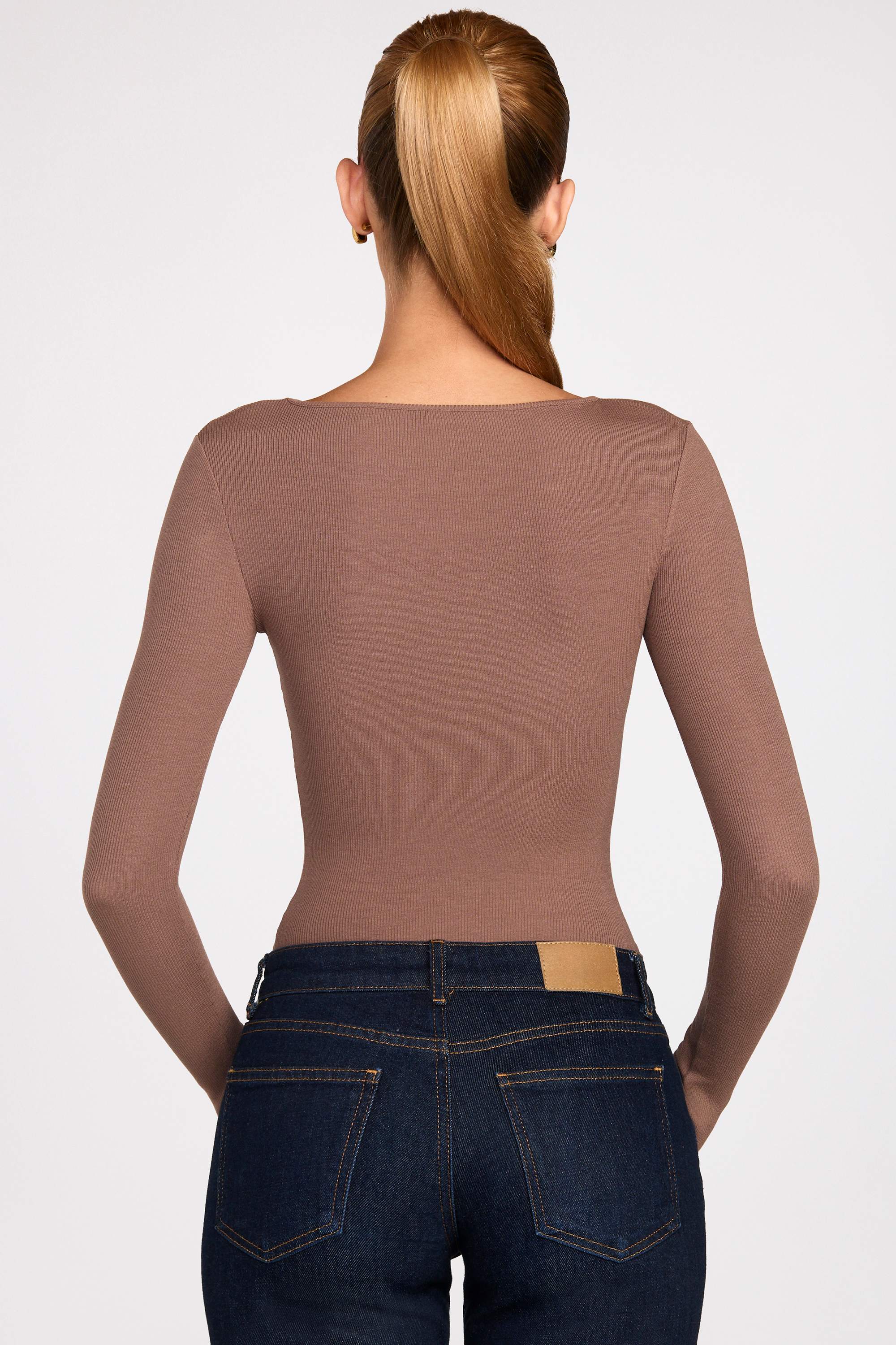 Ribbed Modal Ruched Long Sleeve Top in Mocha