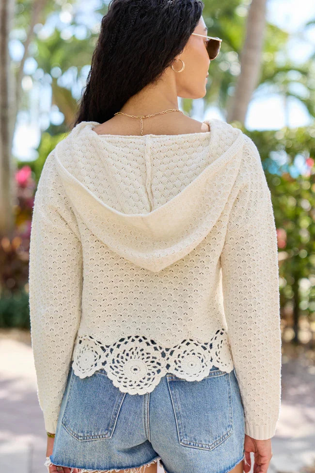 Harrisyn Ivory Cropped Crochet V Neck Hoodie