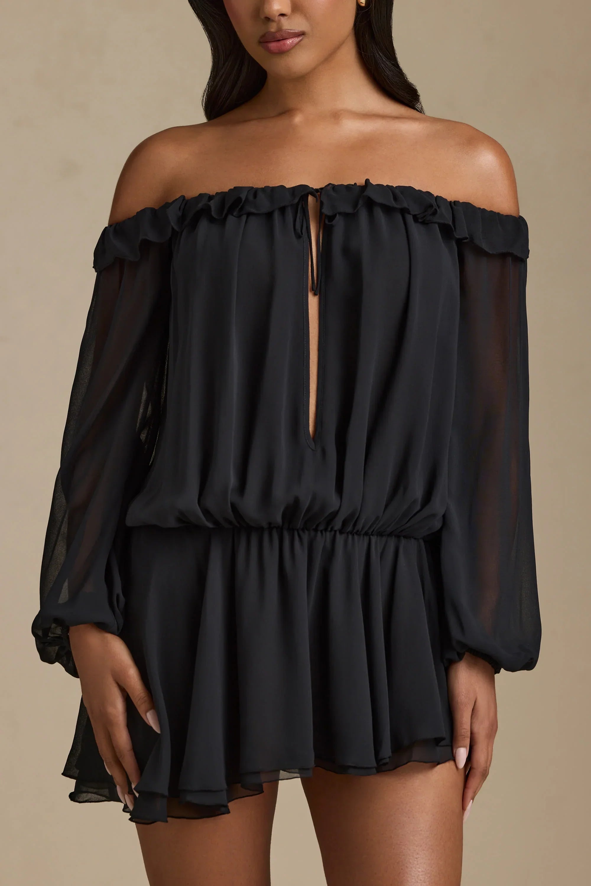 Off Shoulder Asymmetric Balloon Sleeve Mini Dress in Black