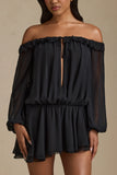 Off Shoulder Asymmetric Balloon Sleeve Mini Dress in Black
