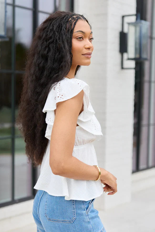 Lois White Gauze Flutter Sleeve Top