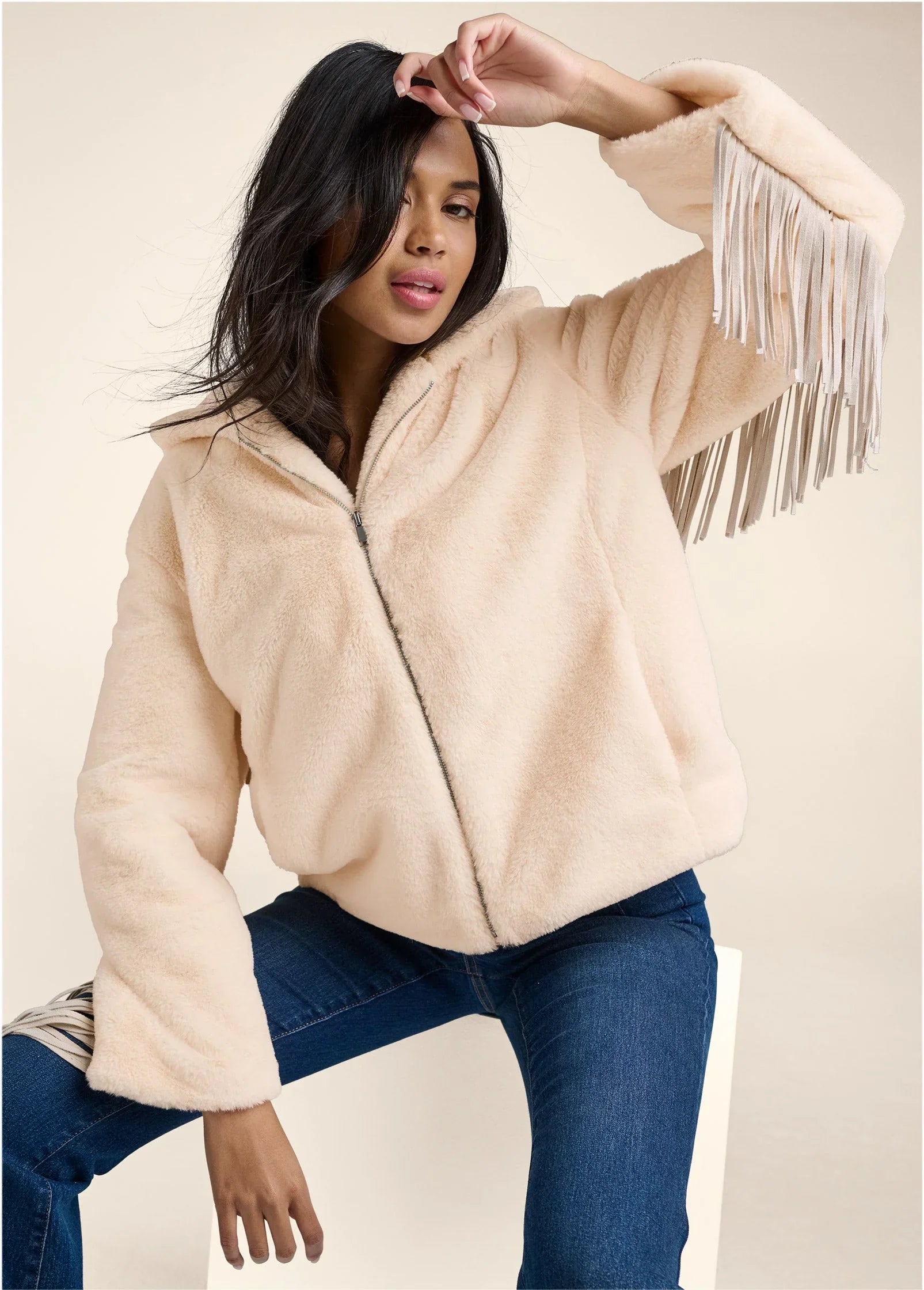 Faux Fur Bomber Jacket With Fringe Detail White