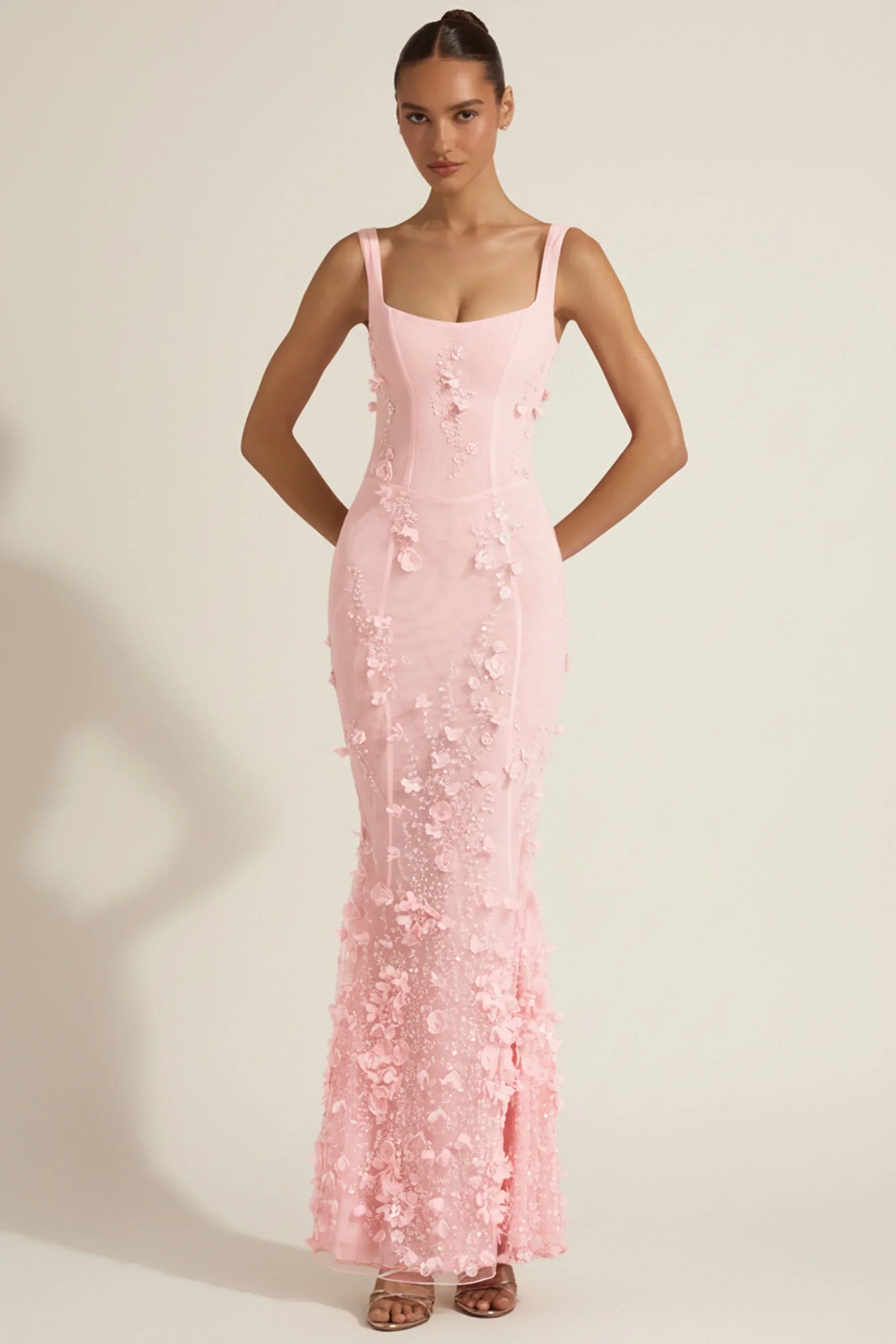 Embellished Appliqué Soft Scoop Corset Gown in Pink