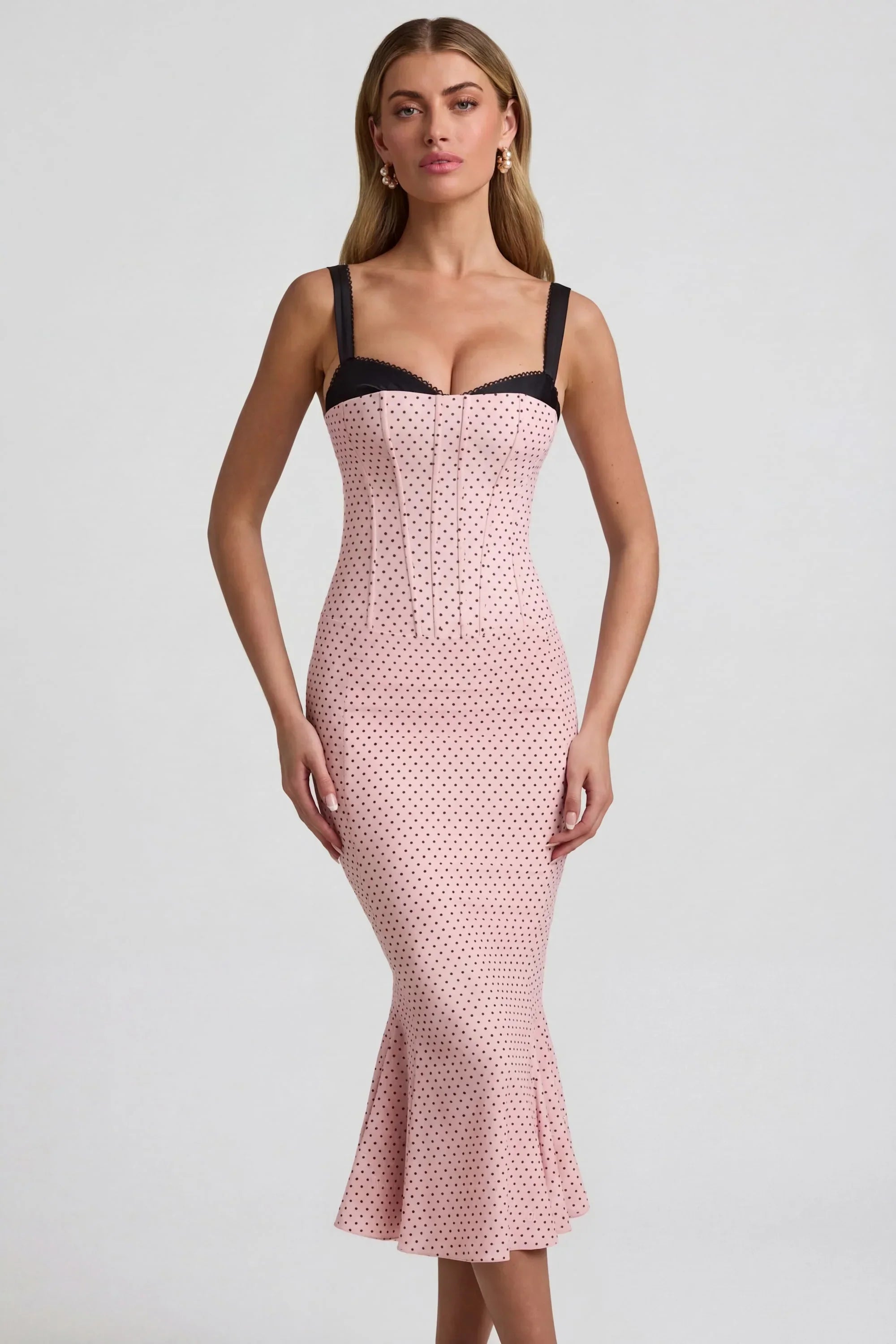 Layered Bra Detail Fishtail Midaxi Dress in Pink Polka Dot