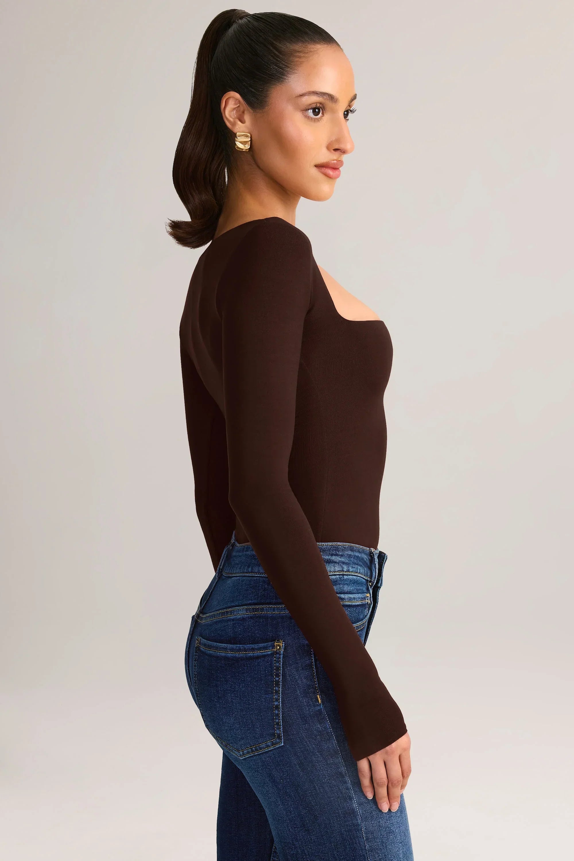 Modal Square Neck Long Sleeve Top in Chocolate Brown