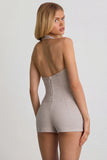Button Down Halterneck Playsuit in Ecru