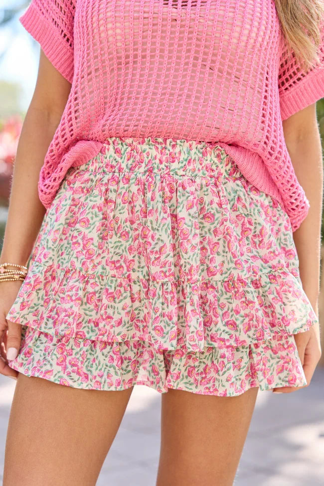 Pretty Moment Pink Multi Floral Tiered Skort