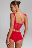 Vinyl Lace Up Corset Top in Fire Red