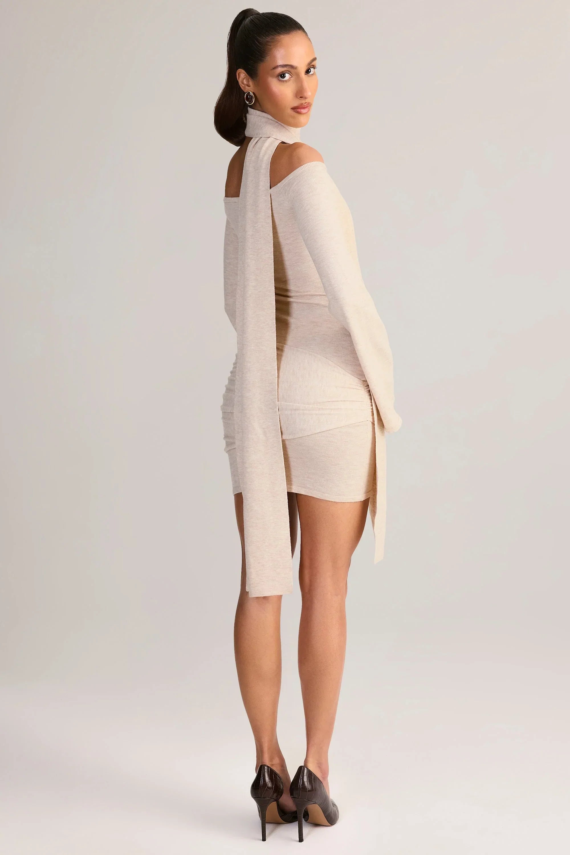Knit Scarf Detail Off Shoulder Mini Dress in Cream