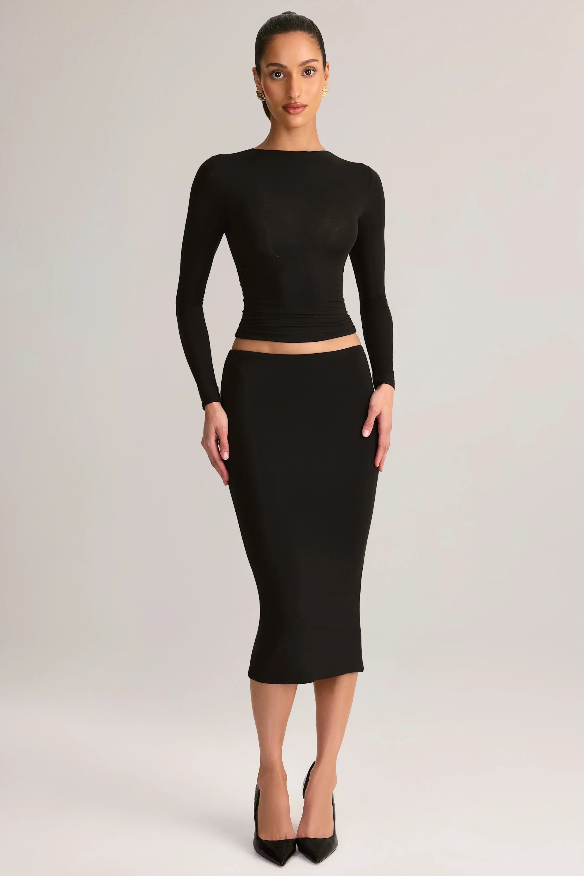 Modal Mid Rise Pencil Midi Skirt in Black