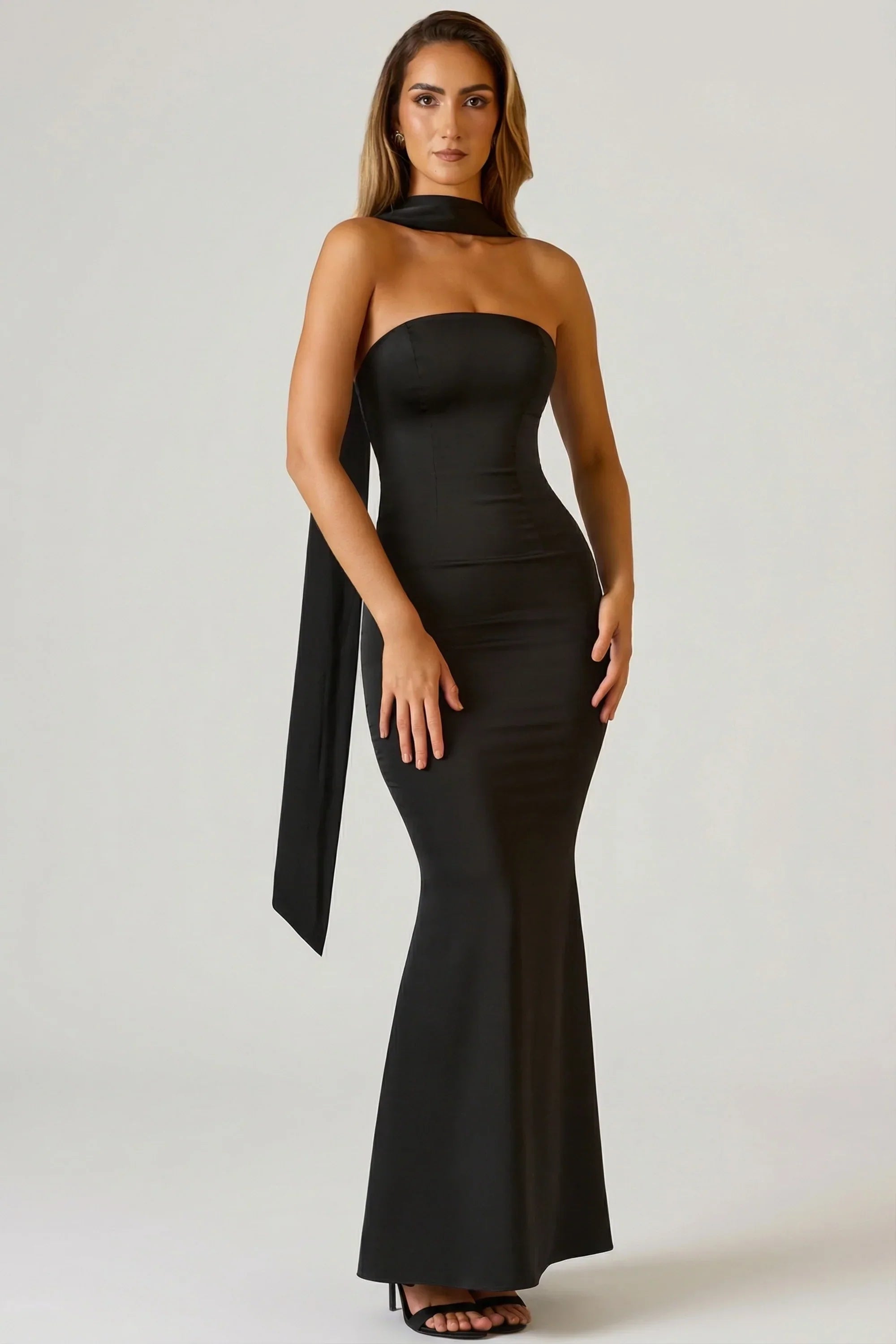 Scarf Detail Strapless Gown in Black