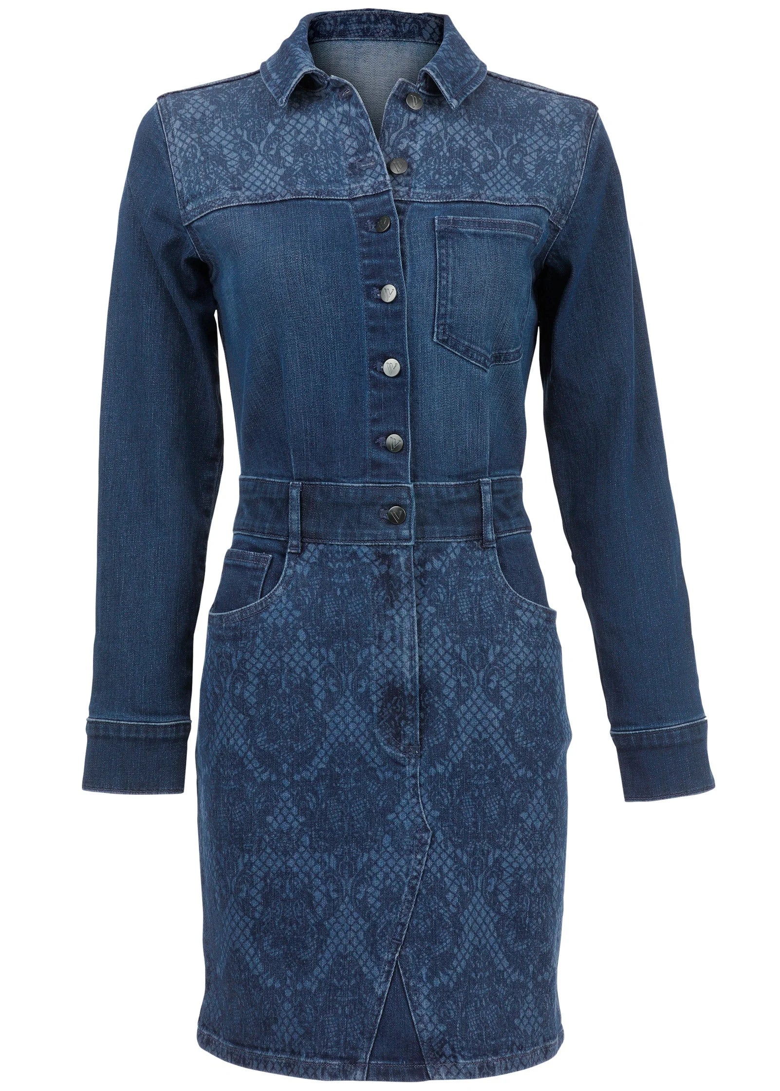 Lace Print Denim Mini Dress Medium Wash