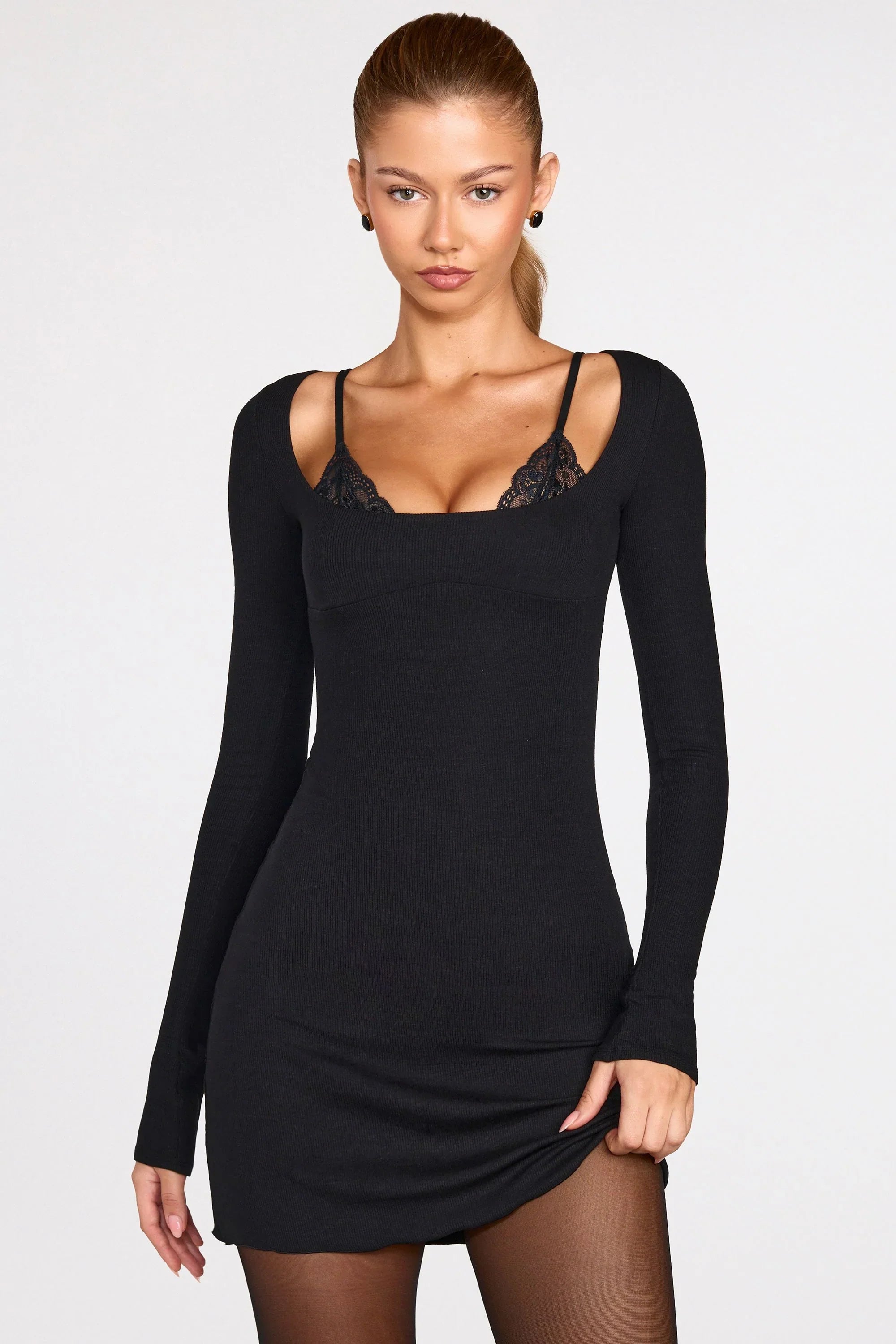 Ribbed Modal Long Sleeve Laced Bra Mini Dress in Black