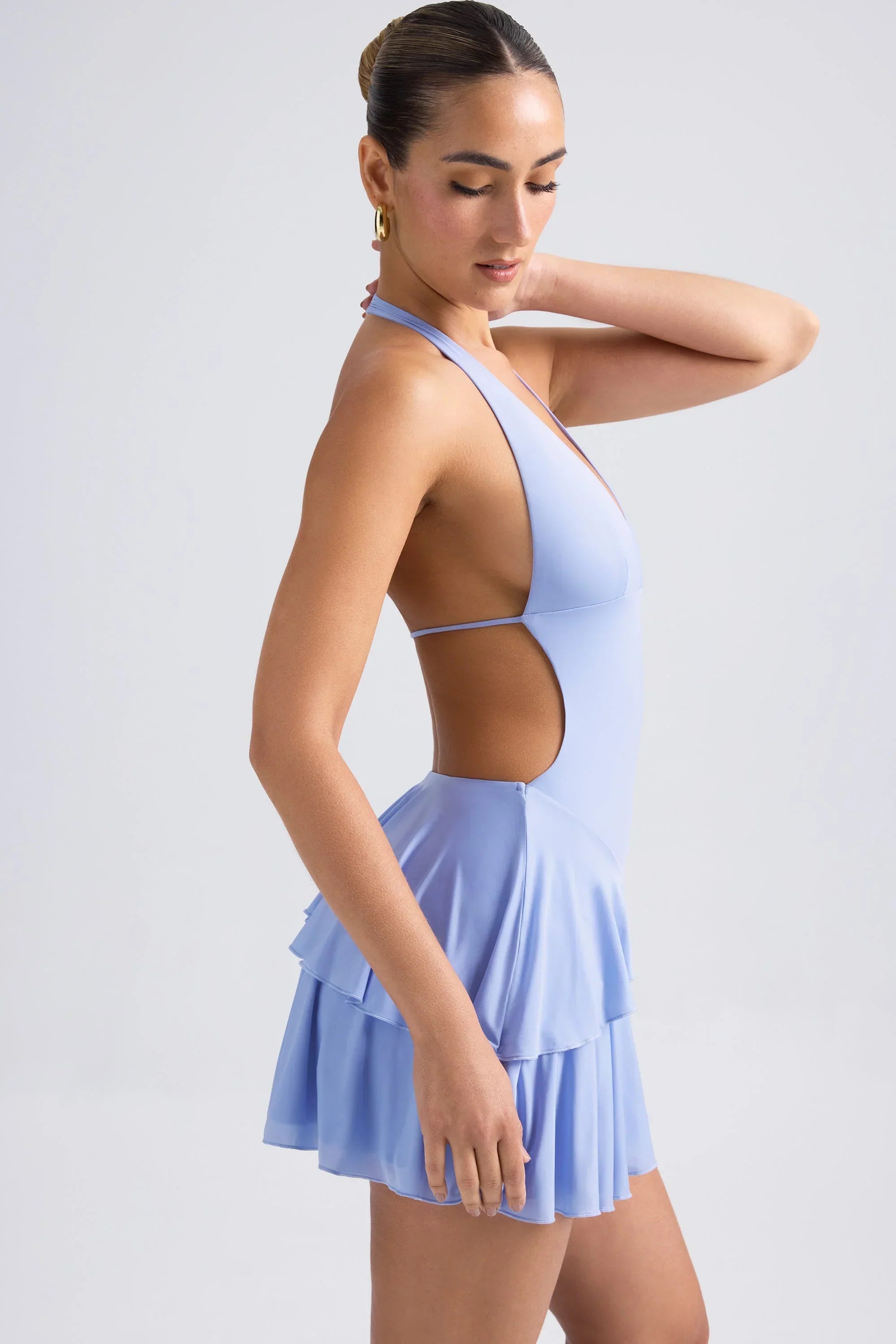 Ruffled Cut Out Halterneck Mini Dress in Periwinkle Blue