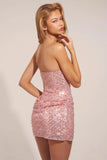 Embellished Draped Strapless A Line Mini Dress in Blush Pink