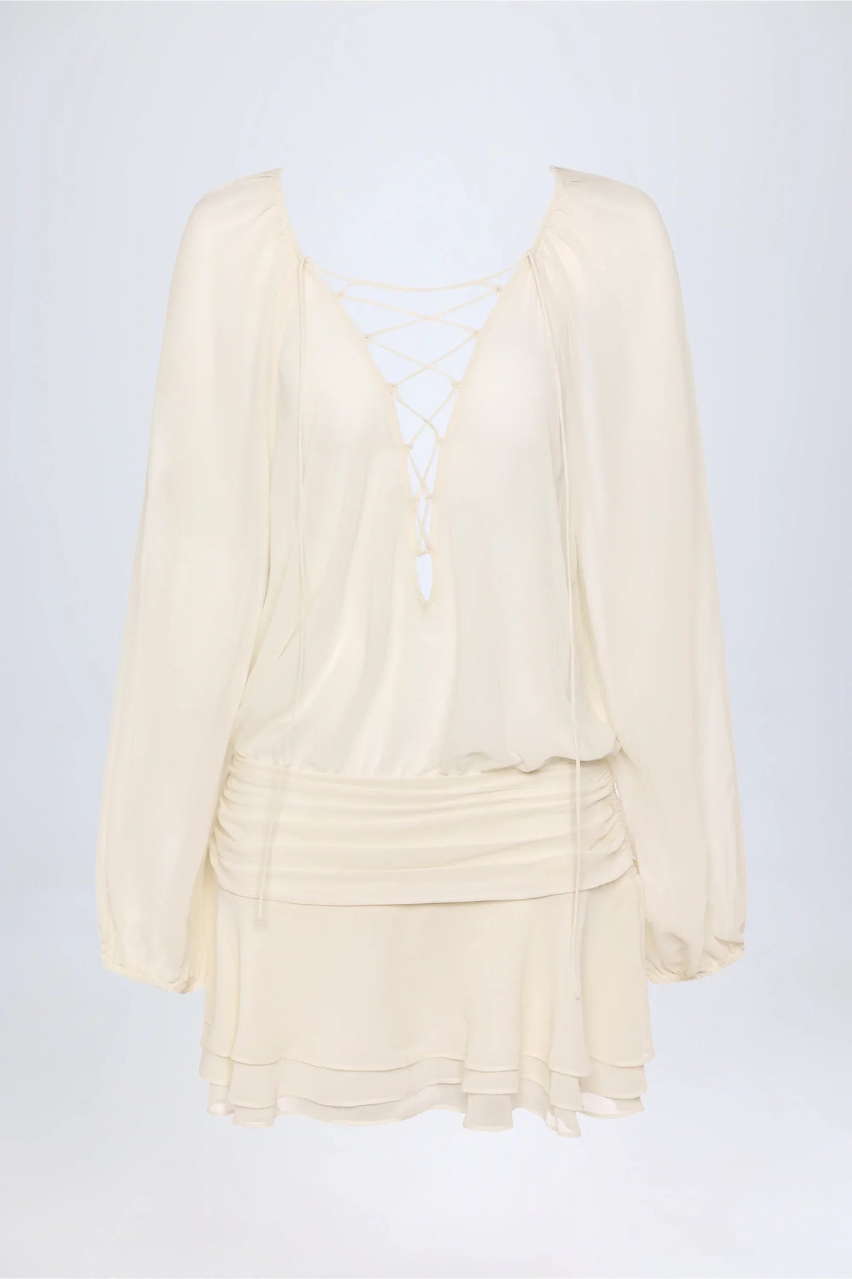 Lace Up Balloon Sleeve Mini Dress in Ivory