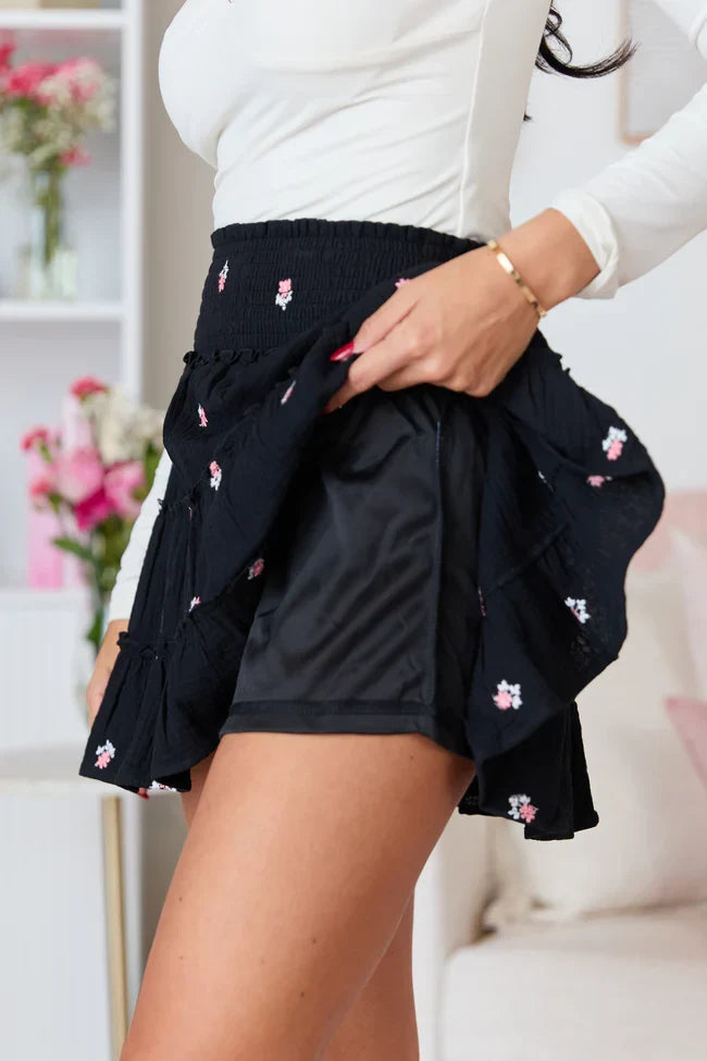 Through The Garden Black Gauze Floral Mini Skort