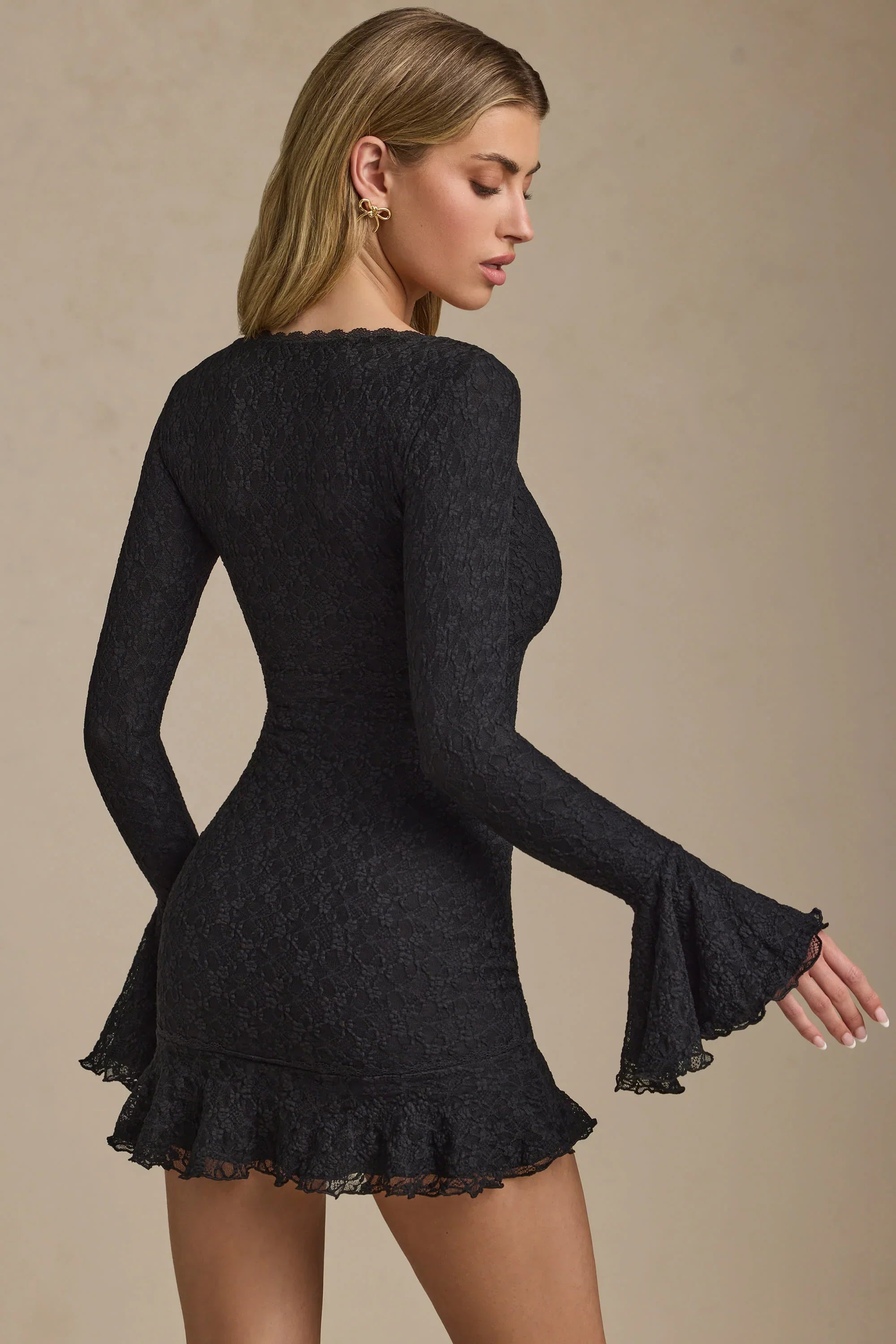 Long Sleeve Ruffled Lace Mini Dress in Black
