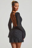 Embellished Open Back A Line Mini Dress in Black
