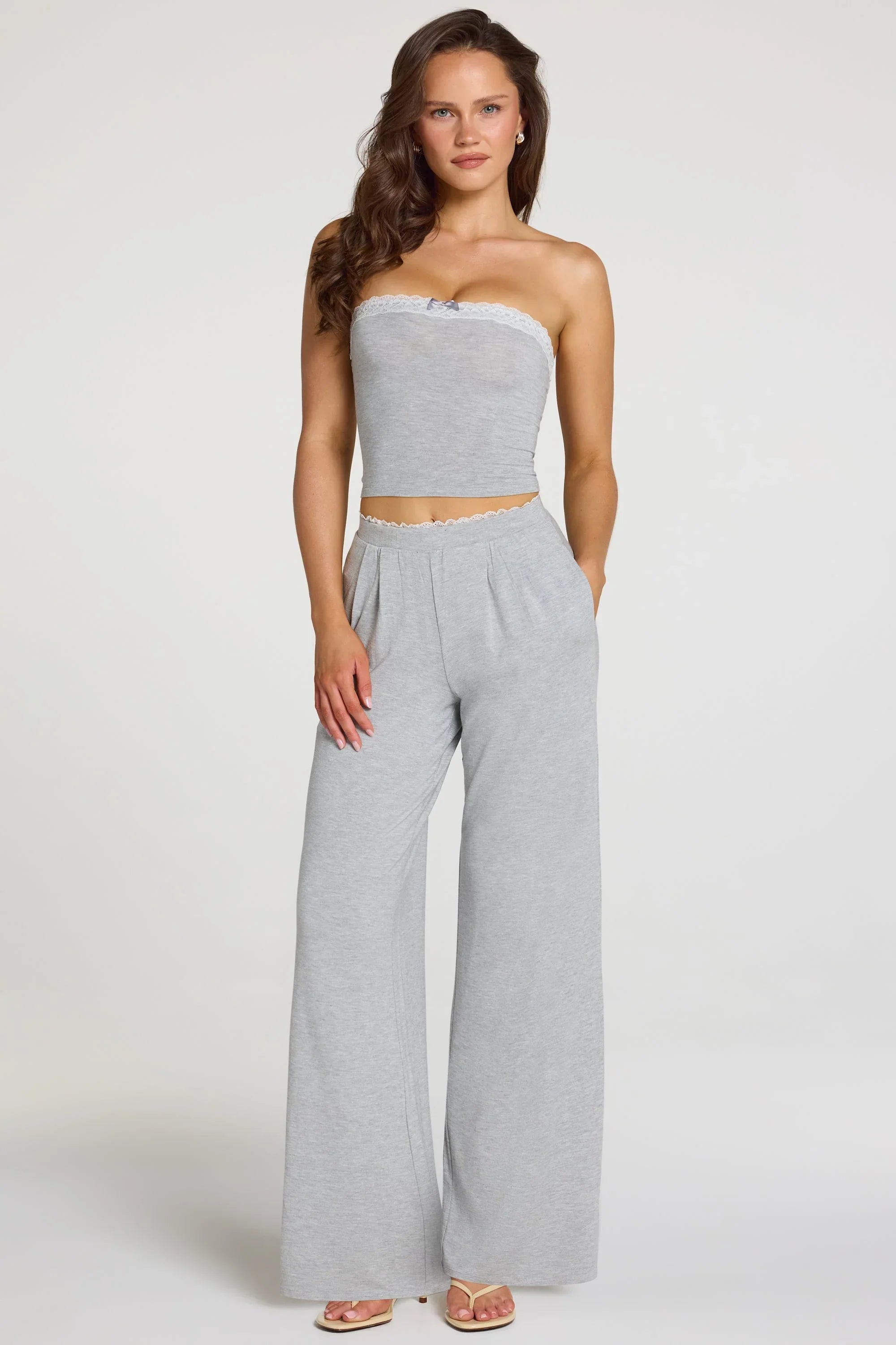 Modal Mid Rise Wide Leg Trousers in Grey Marl