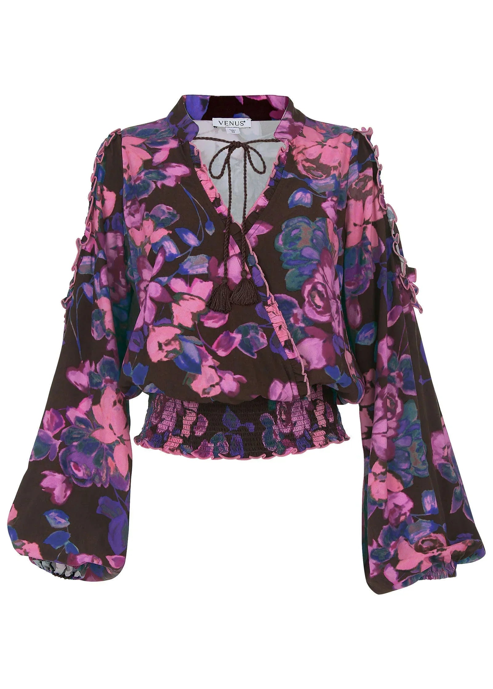 Ruffle Cold Shoulder Blouse Electric Bouquet