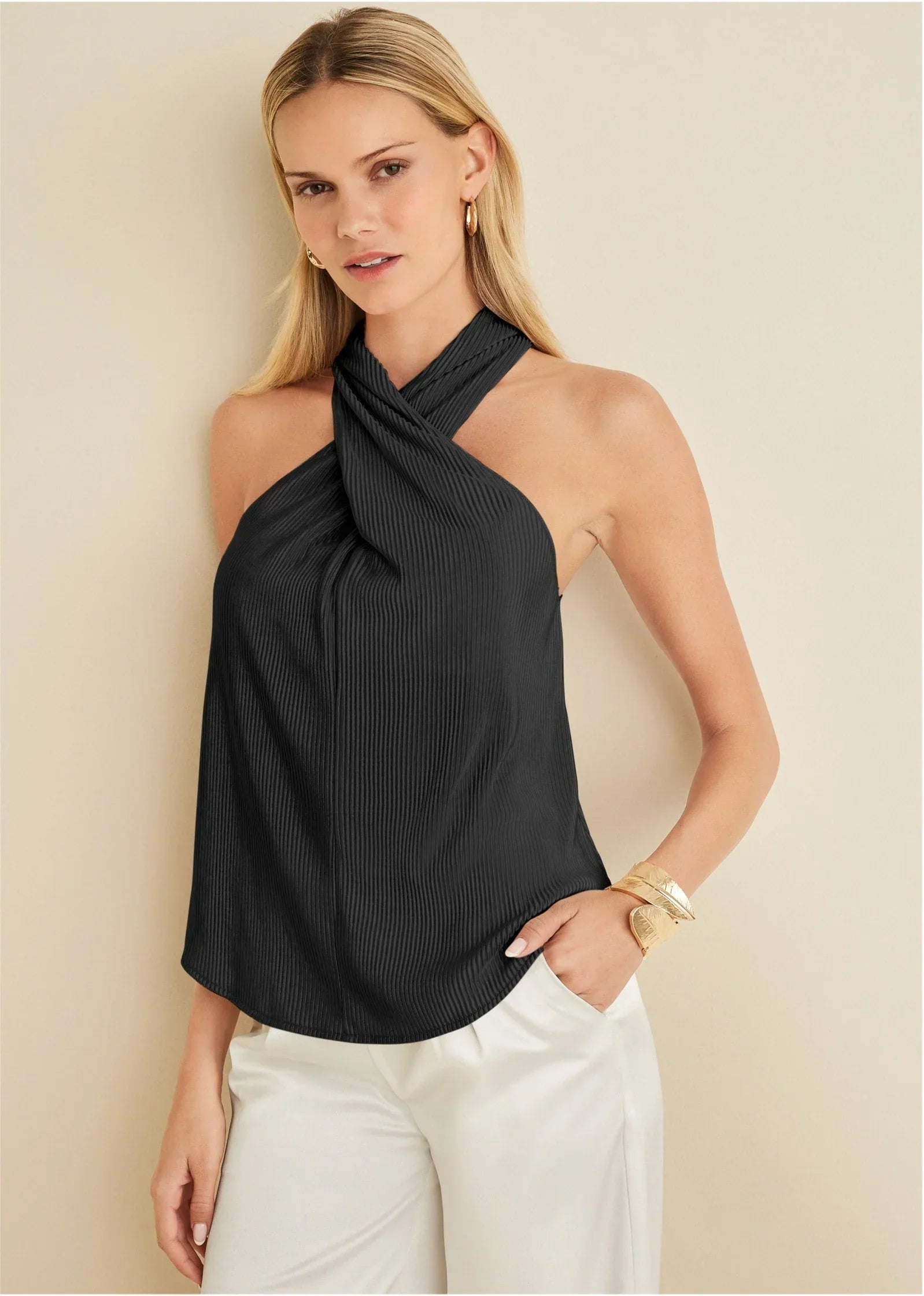 Plisse Cross Neck Tank Jet Black