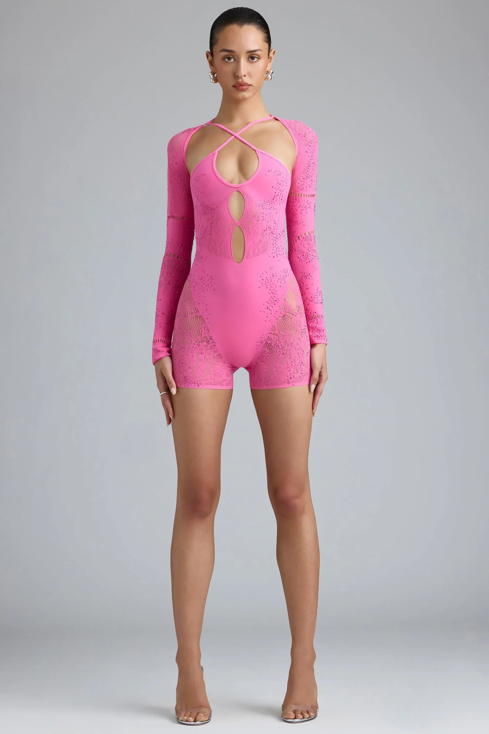 Embellished Cut Out Unitard in Bubblegum Pink