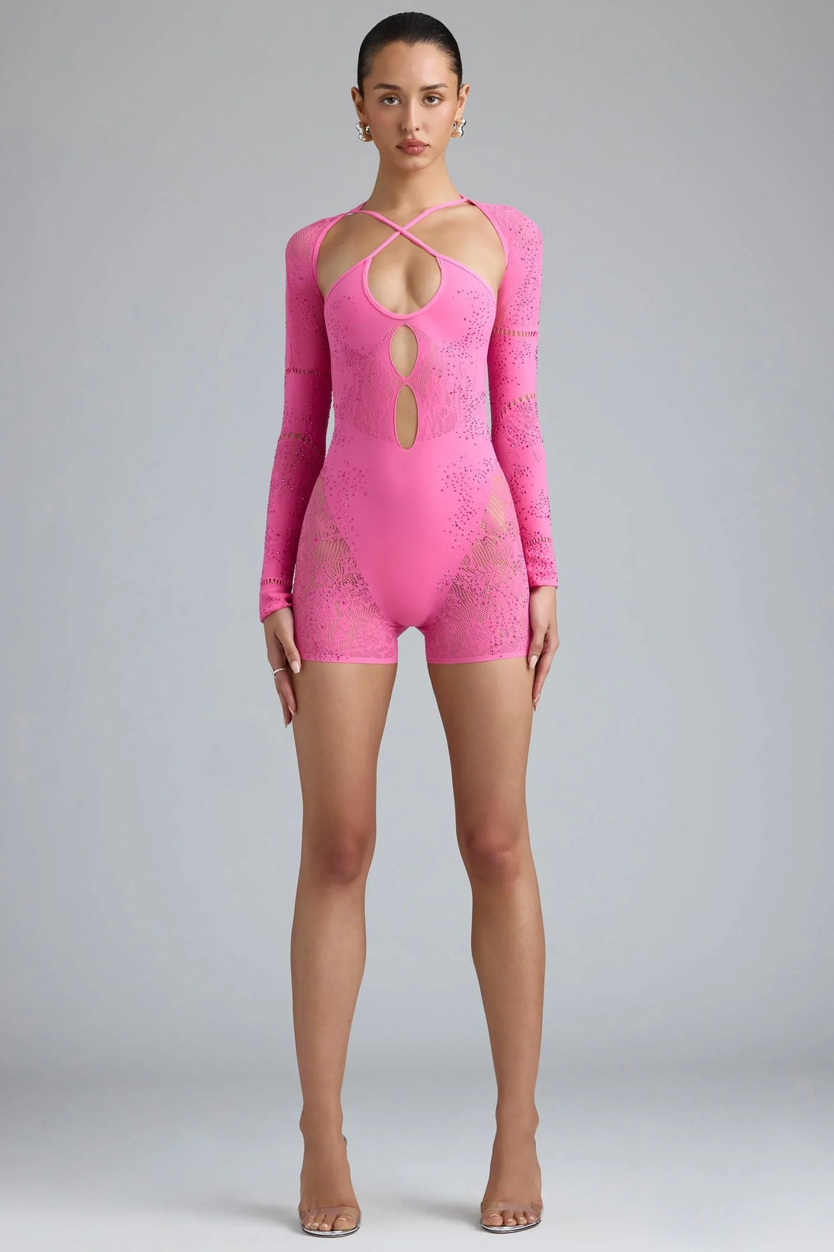 Embellished Cut Out Unitard in Bubblegum Pink