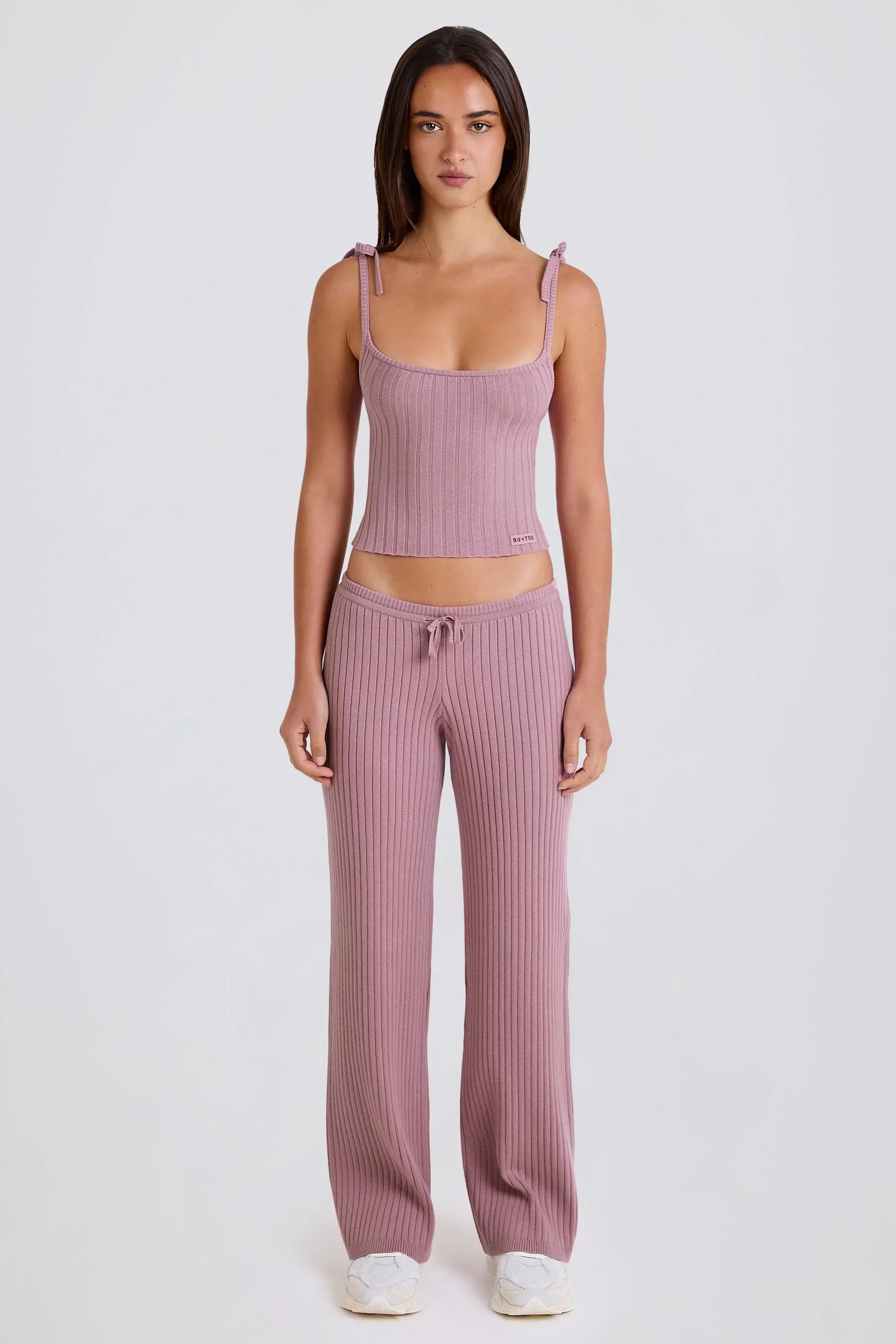 Ribbed Knit Wide Leg Joggers in Mauve