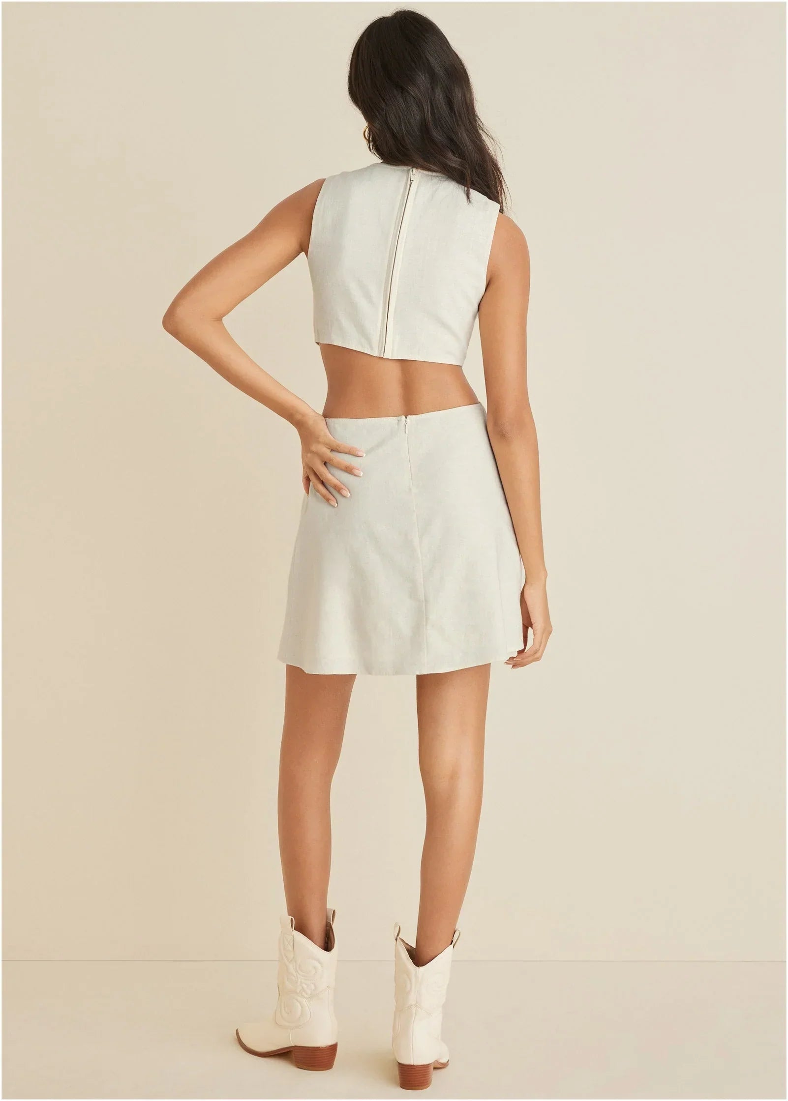 Linen Cutout Mini Dress Cream