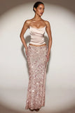 Embellished Mid Rise Thigh Split Maxi Skirt in Rose Gold