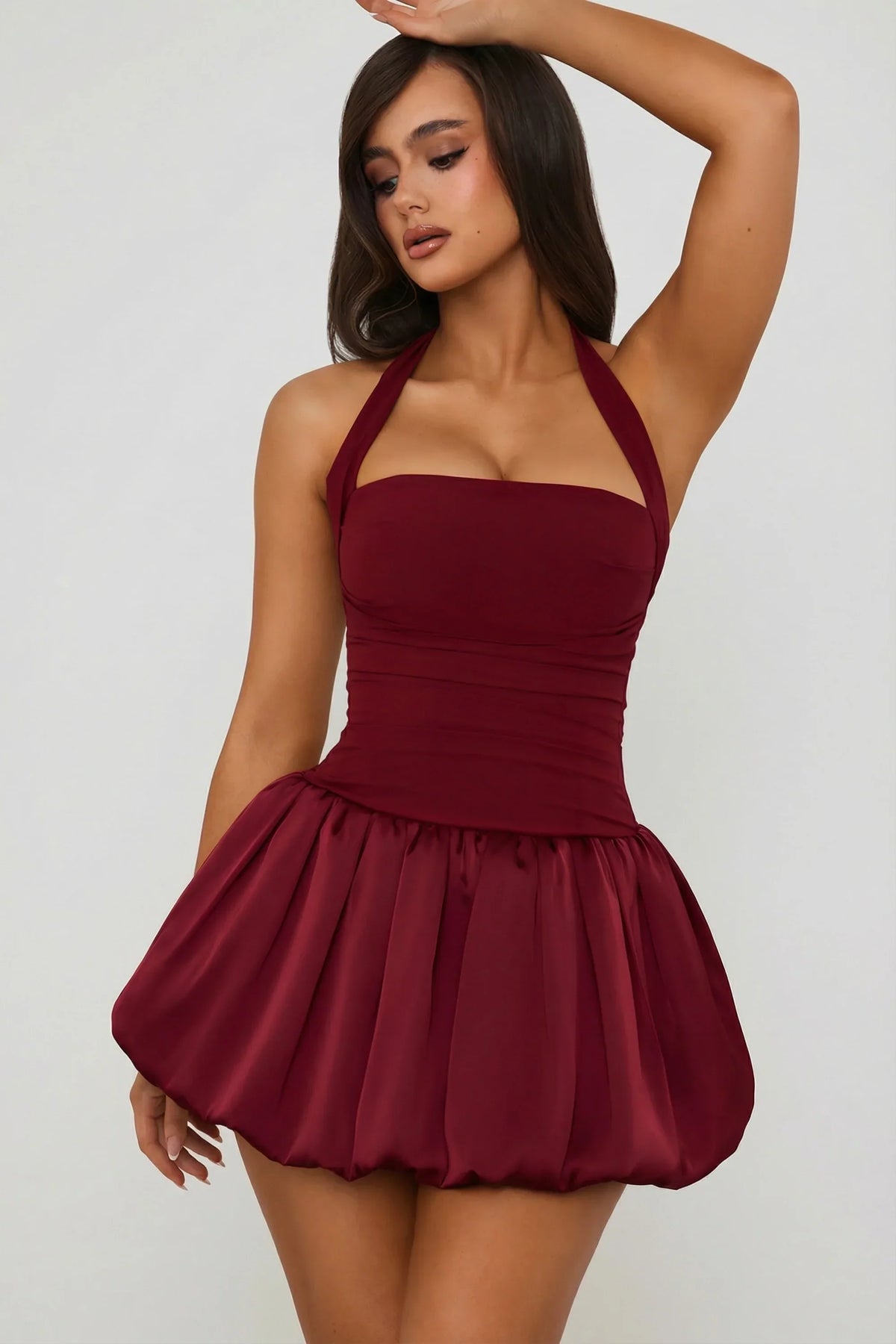 Halterneck Lace Up Bubble Hem Corset Micro Mini Dress in Berry Red