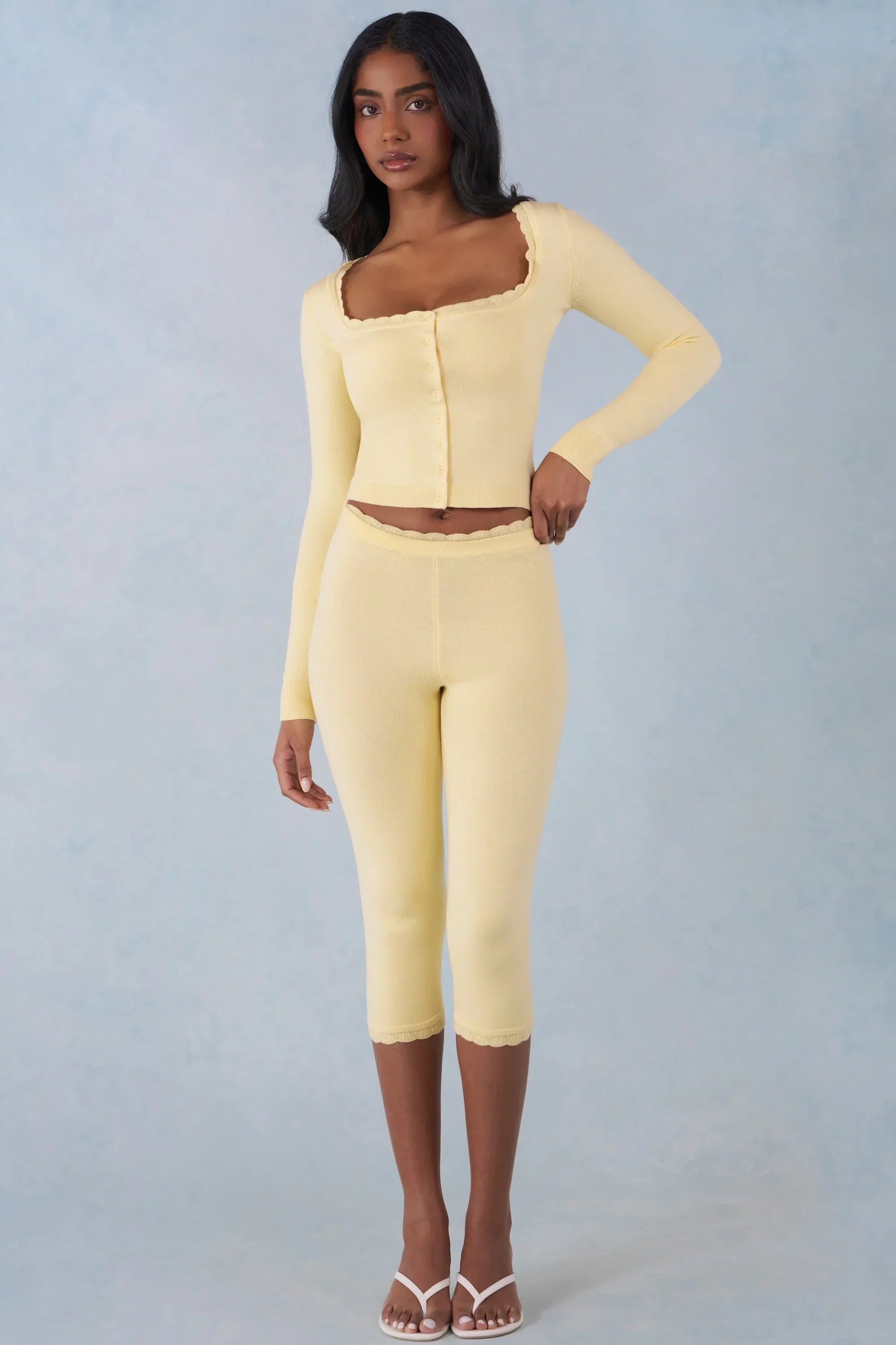 Knit Mid Rise Capri Trousers in Butter Yellow