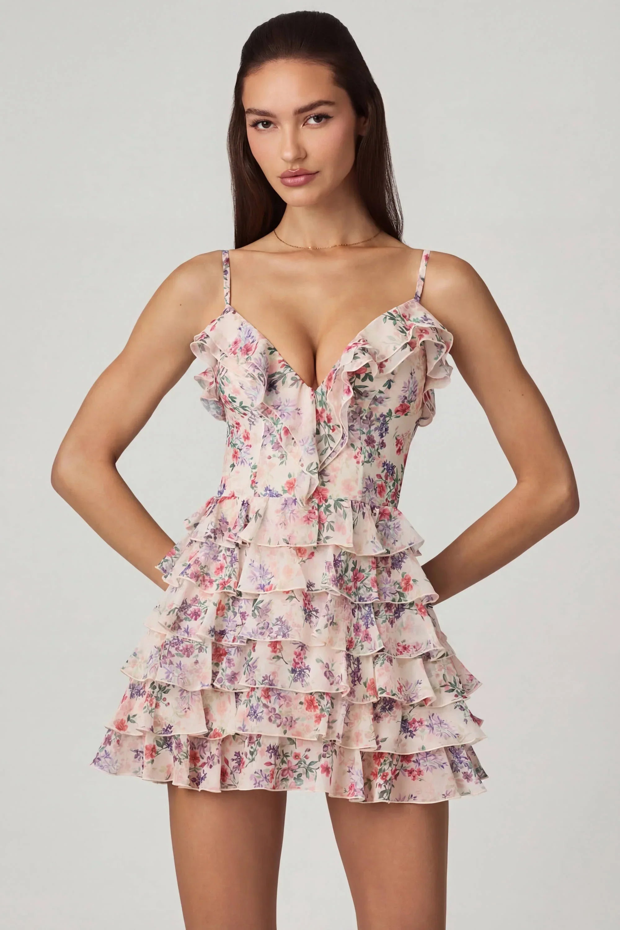 Ruffled Lace Up A Line Mini Dress in Primrose Floral Print