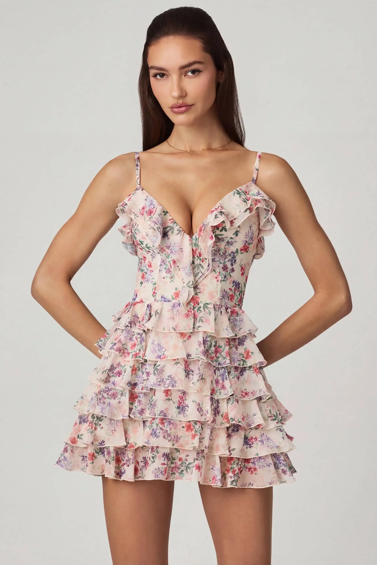 Ruffled Lace Up A Line Mini Dress in Primrose Floral Print